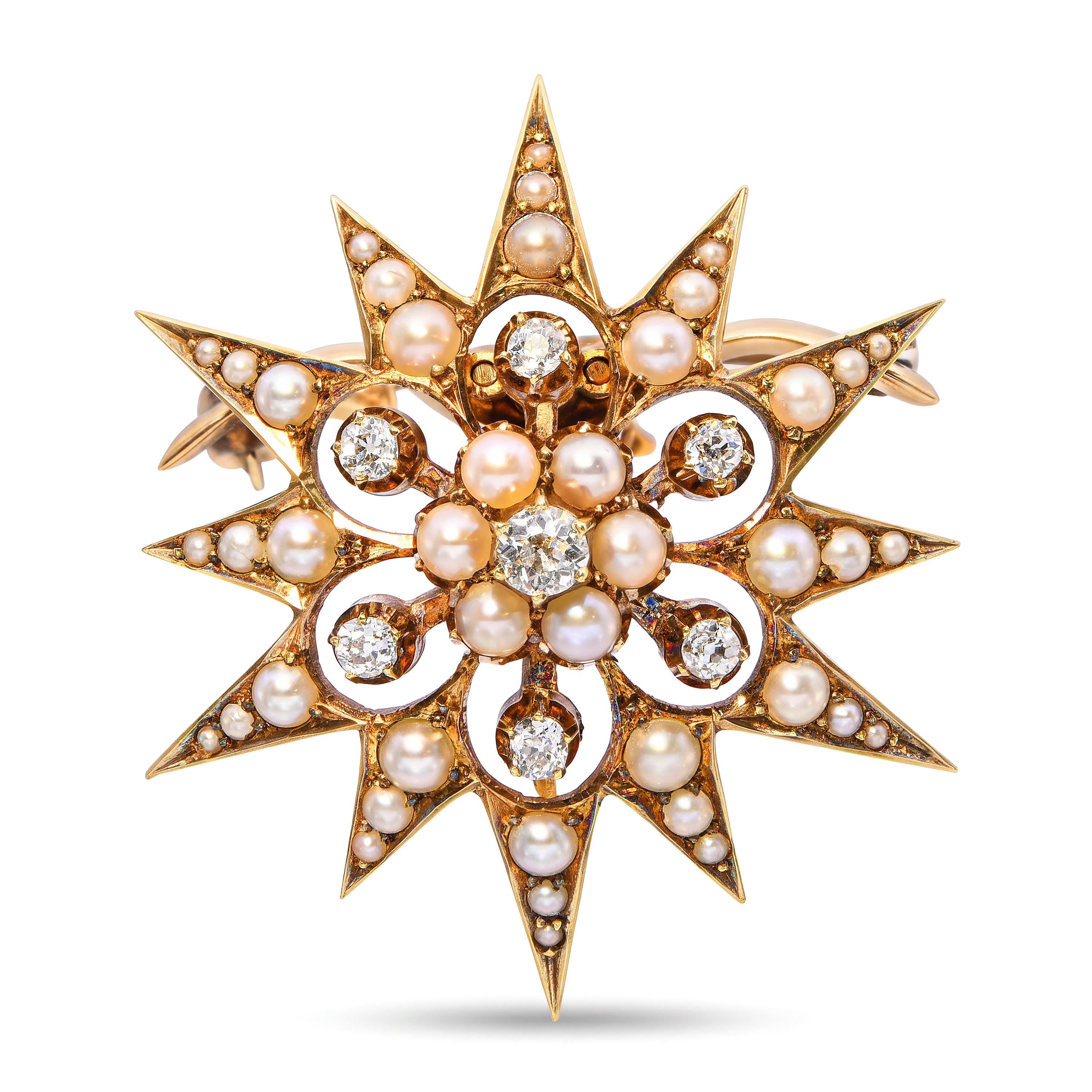 Antique 15k Yellow Gold Seed Pearl and Old Mine Diamond Starburst Brooch Pendant