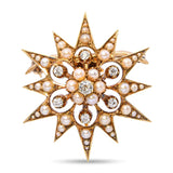 Antique 15k Yellow Gold Seed Pearl and Old Mine Diamond Starburst Brooch Pendant