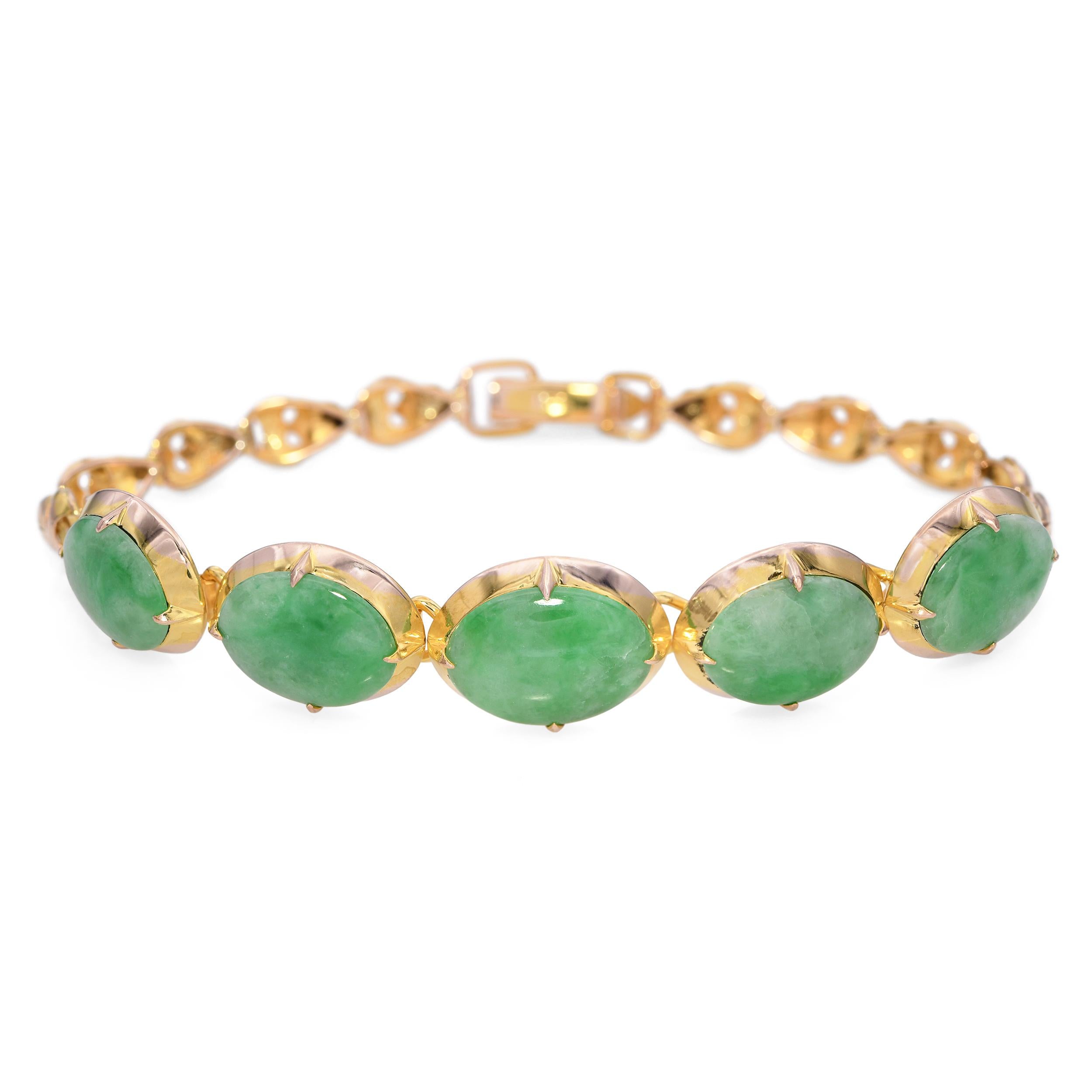 Vintage 14k Yellow Gold Green Jade Bracelet