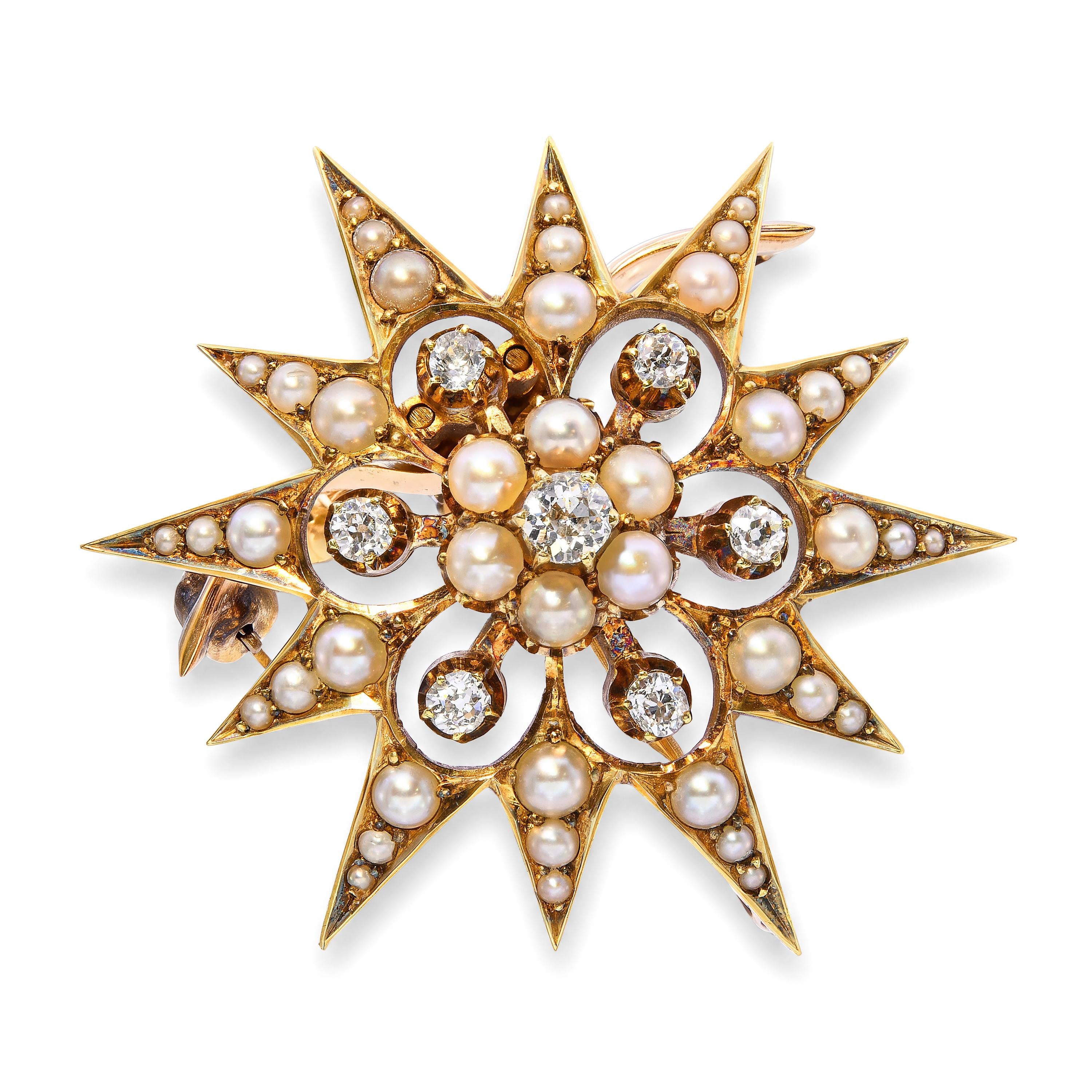 Antique 15k Yellow Gold Seed Pearl and Old Mine Diamond Starburst Brooch Pendant