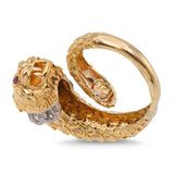 Vintage 18k Yellow Gold Greek Lion with Ruby Eyes and Diamond Collar Ring