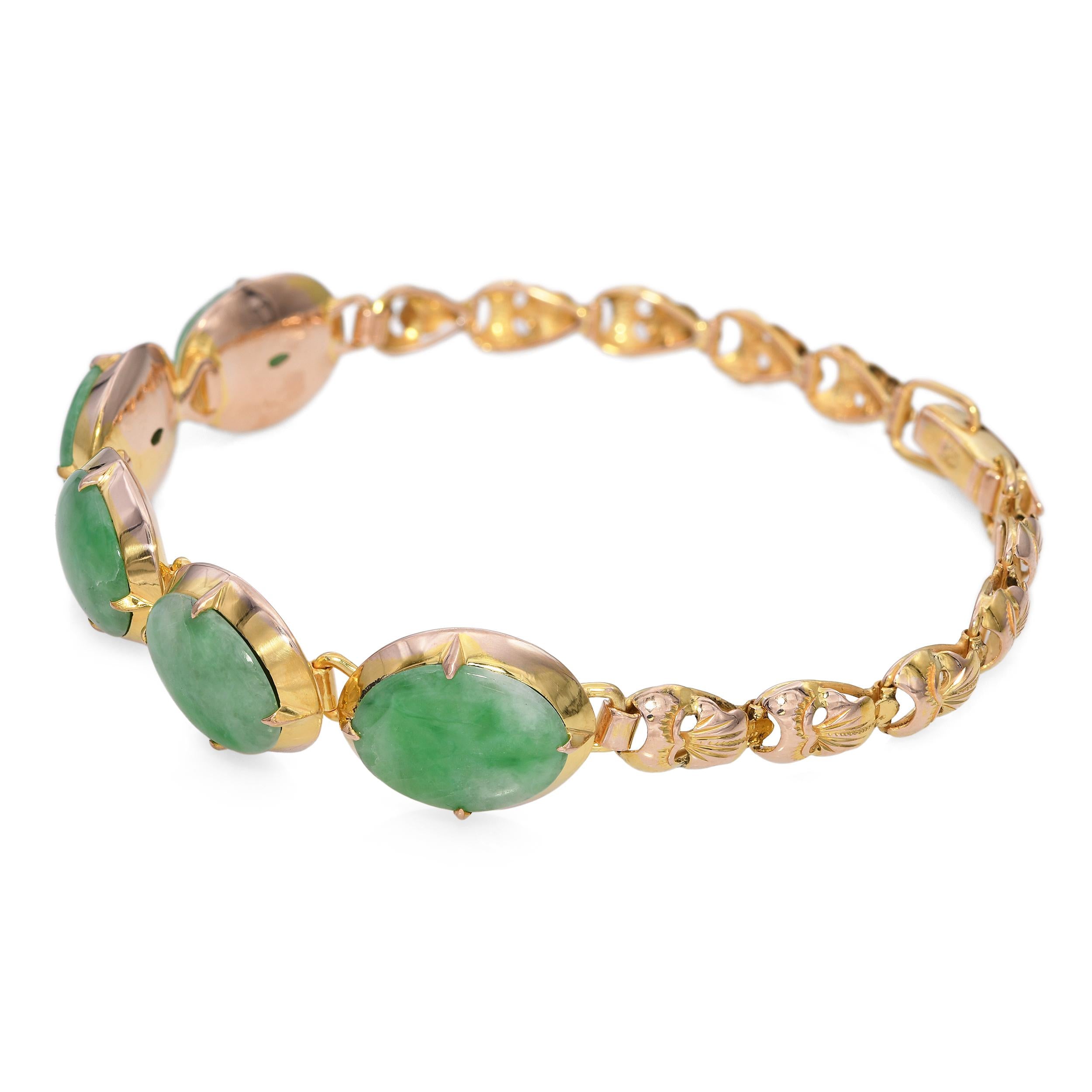 Vintage 14k Yellow Gold Green Jade Bracelet