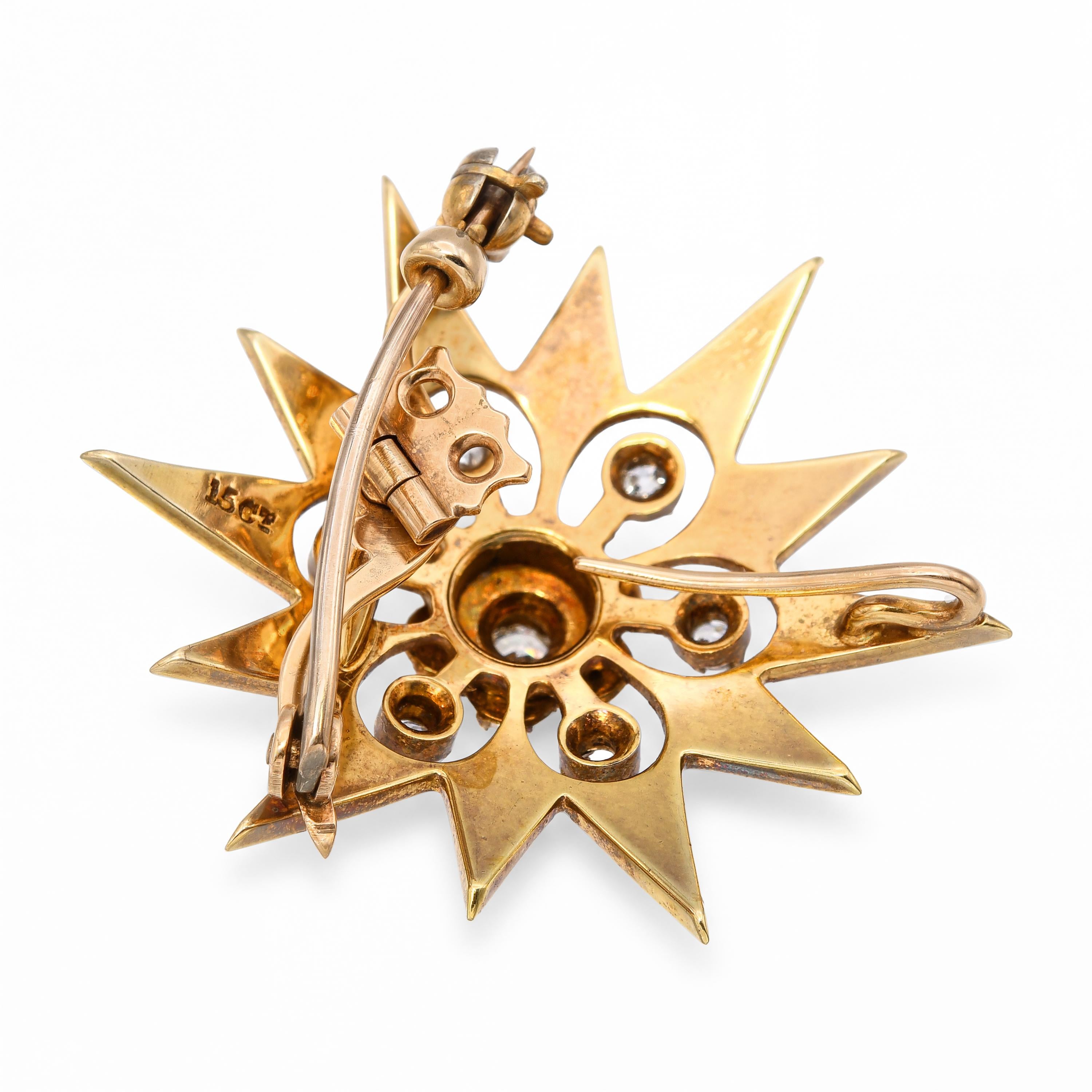 Antique 15k Yellow Gold Seed Pearl and Old Mine Diamond Starburst Brooch Pendant