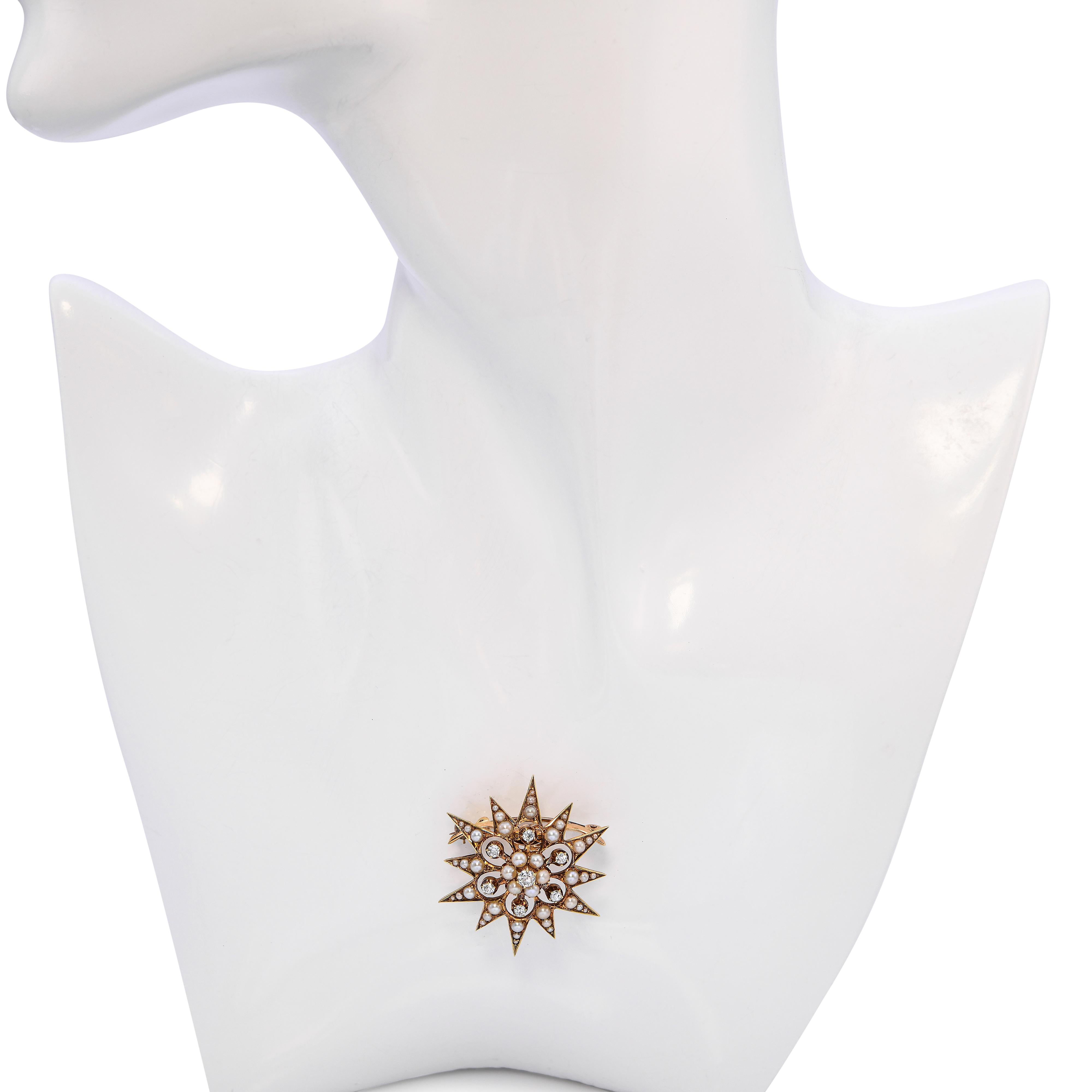 Antique 15k Yellow Gold Seed Pearl and Old Mine Diamond Starburst Brooch Pendant