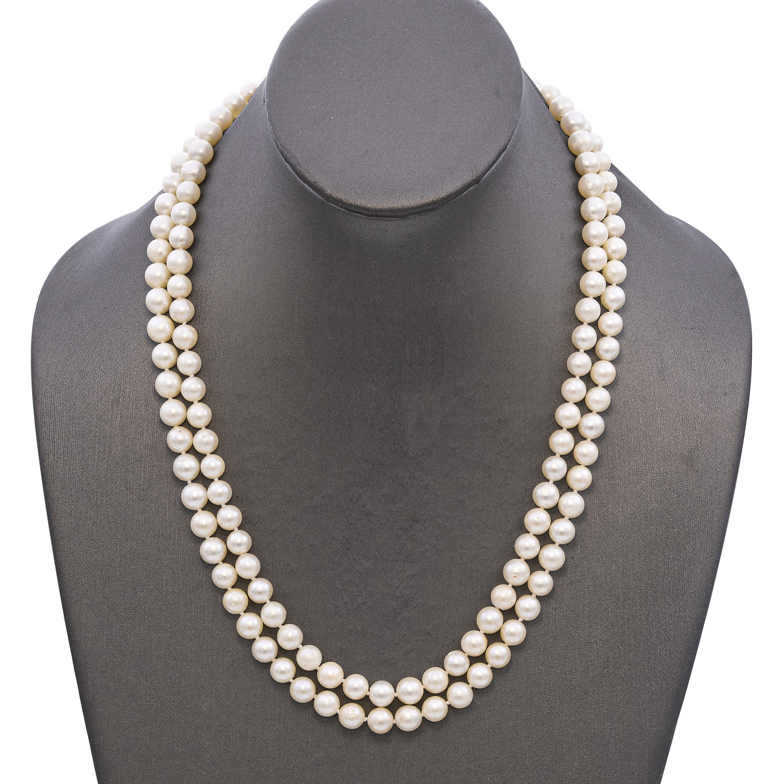 Vintage 14K Yellow Gold Moonstone Clasp Double Strand Pearl Necklace