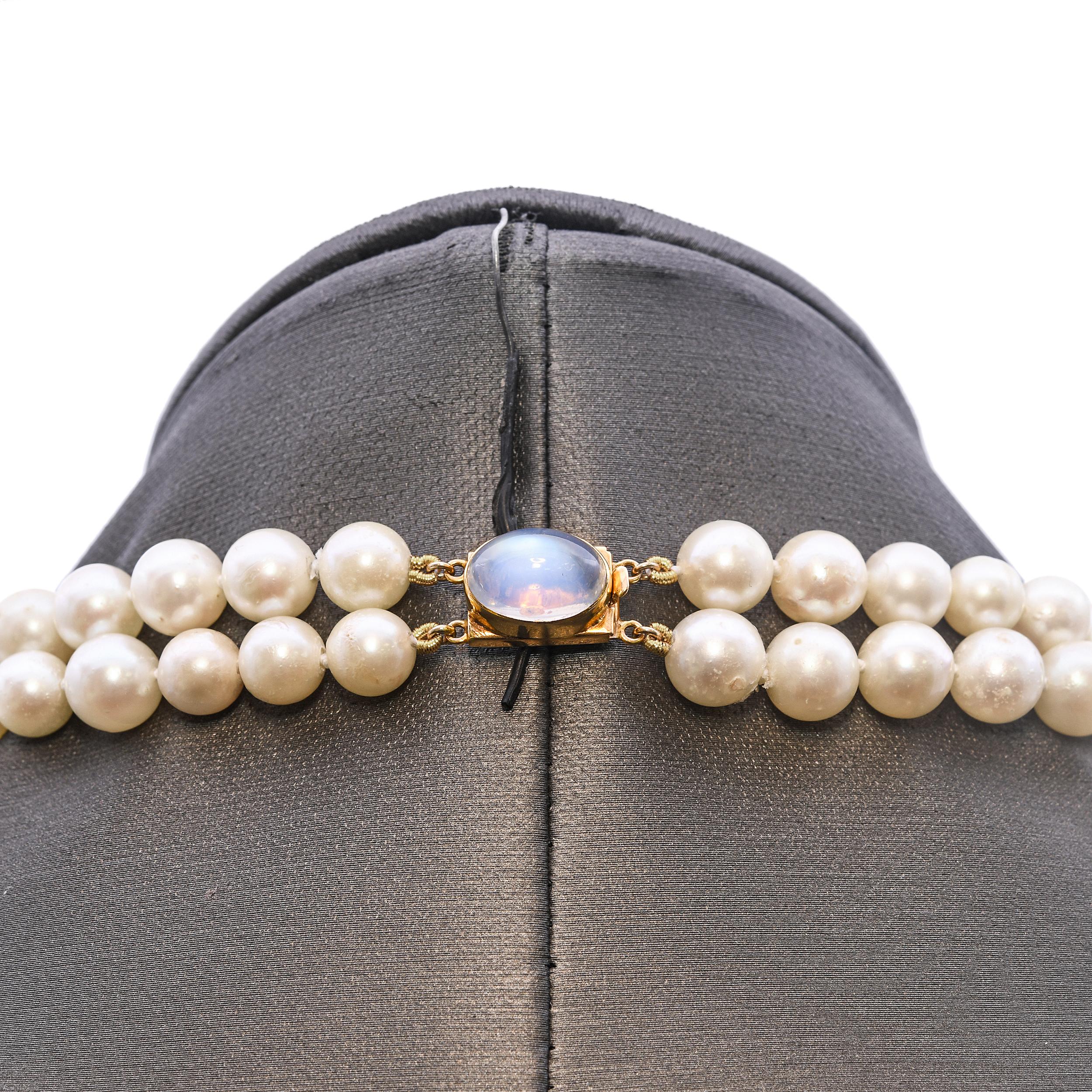 Vintage 14K Yellow Gold Moonstone Clasp Double Strand Pearl Necklace