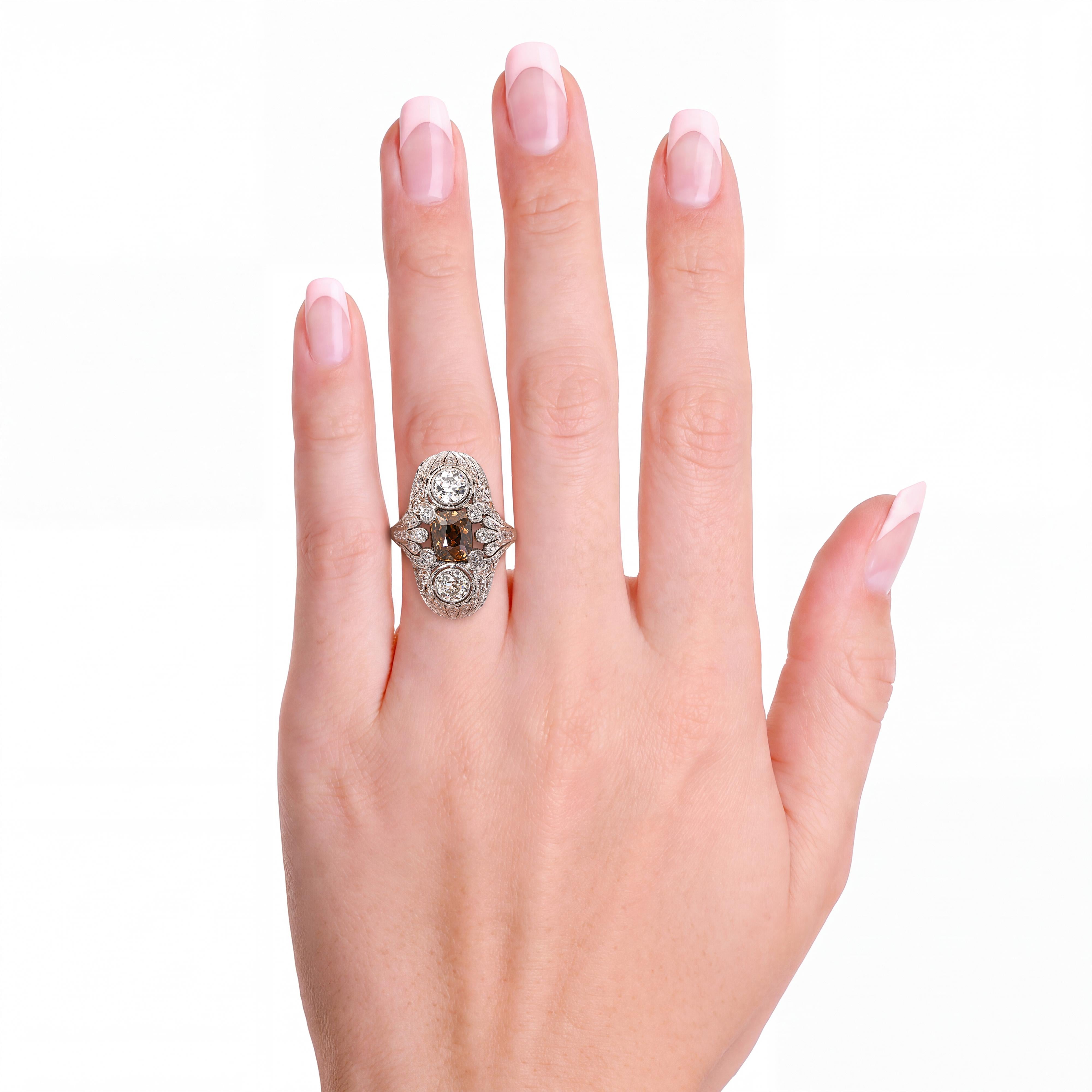 Antique Edwardian Platinum GIA 2.55ct Cognac OMC Diamond & OEC Diamond Ring