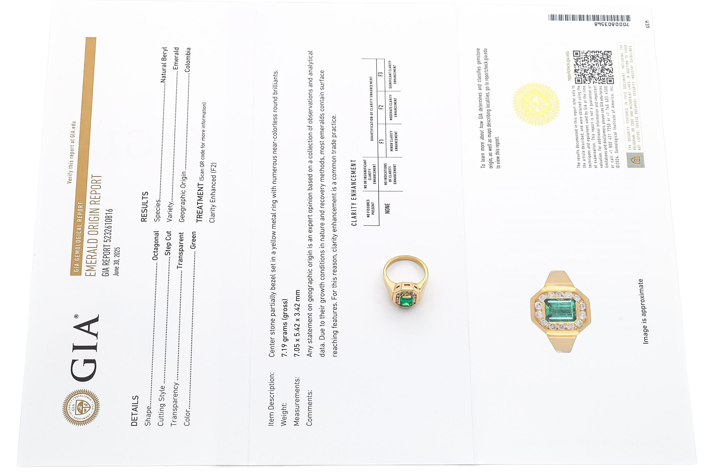 18K Yellow Gold GIA Colombian F2 Emerald & 0.28tcw Diamond Ring