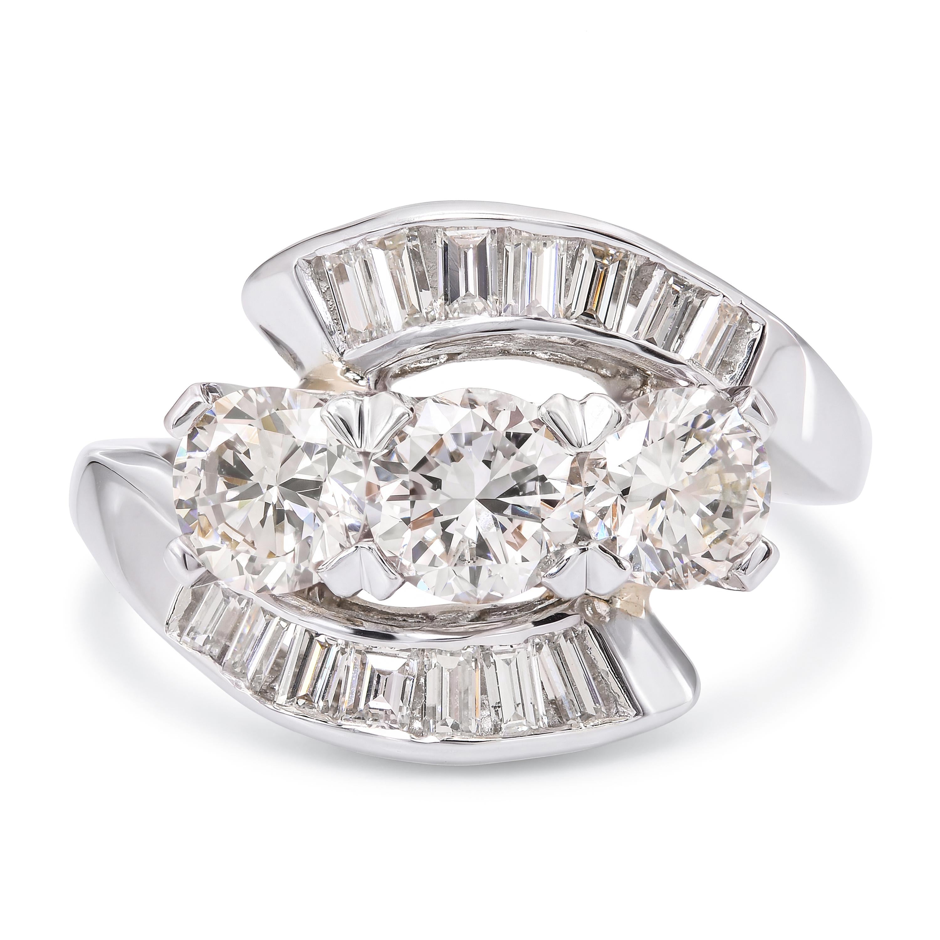 Vintage Platinum Diamond Three Stone Bypass Ring
