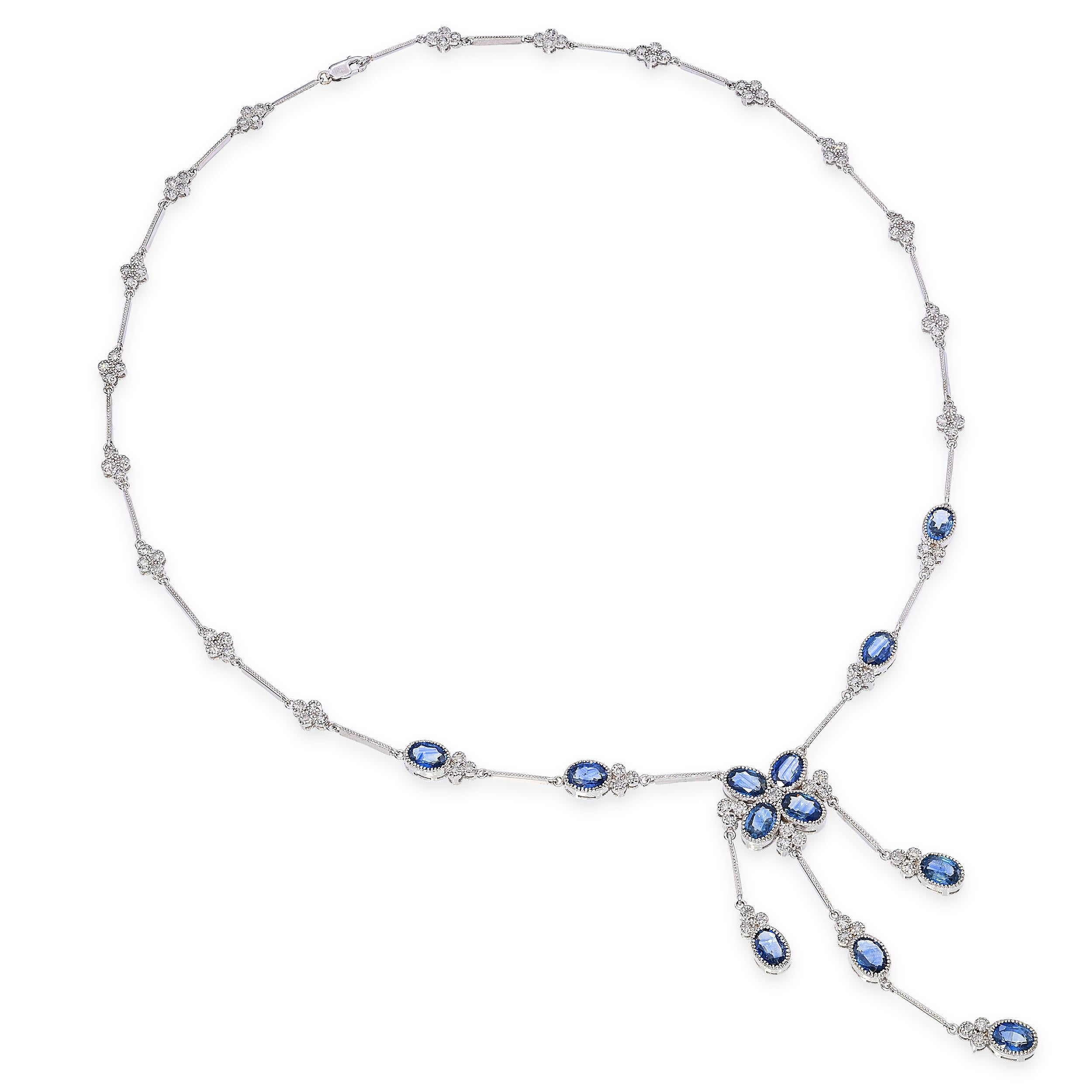 13k White Gold 8.04ctw Sapphire and 1.47ctw Diamond Trefoil Station Necklace