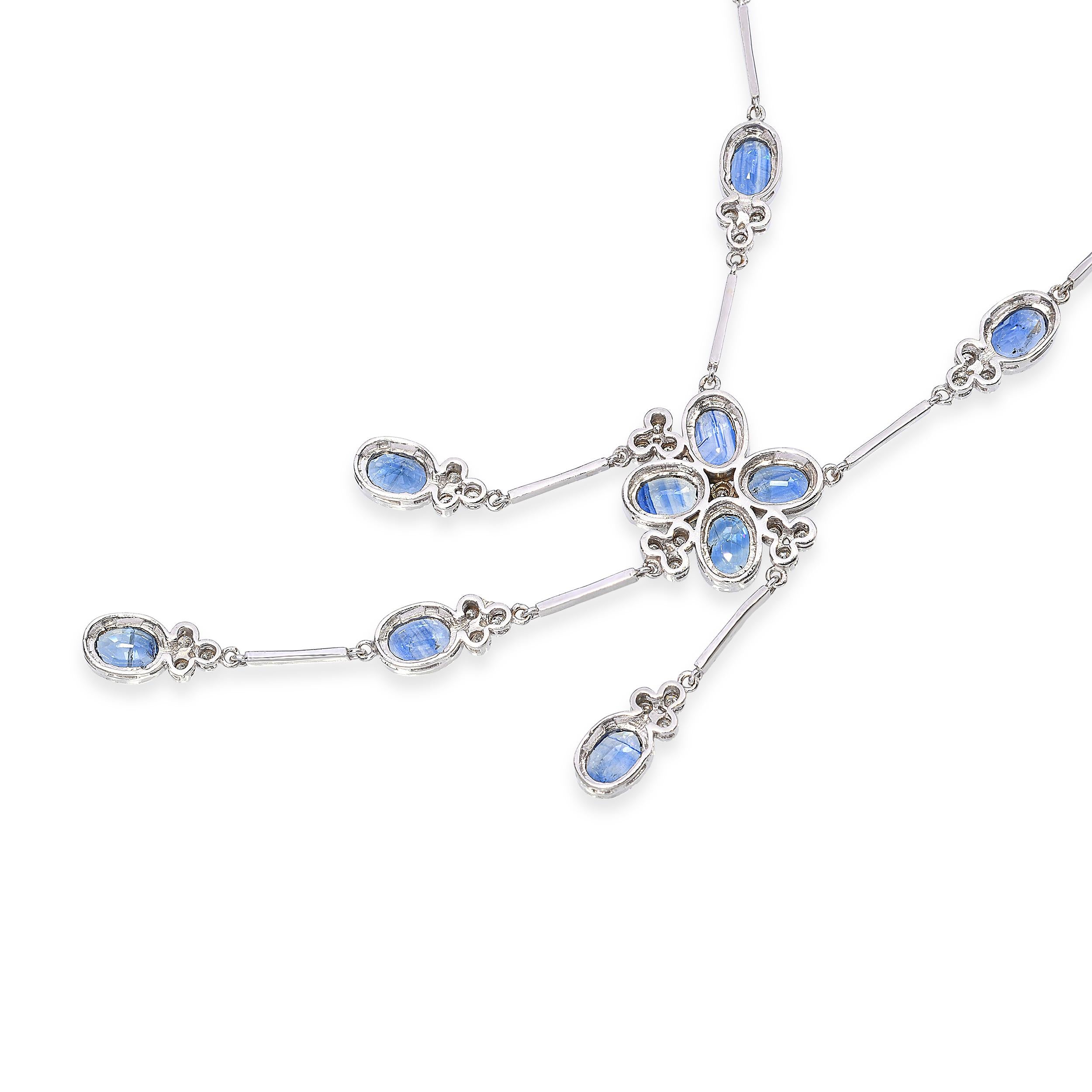 13k White Gold 8.04ctw Sapphire and 1.47ctw Diamond Trefoil Station Necklace