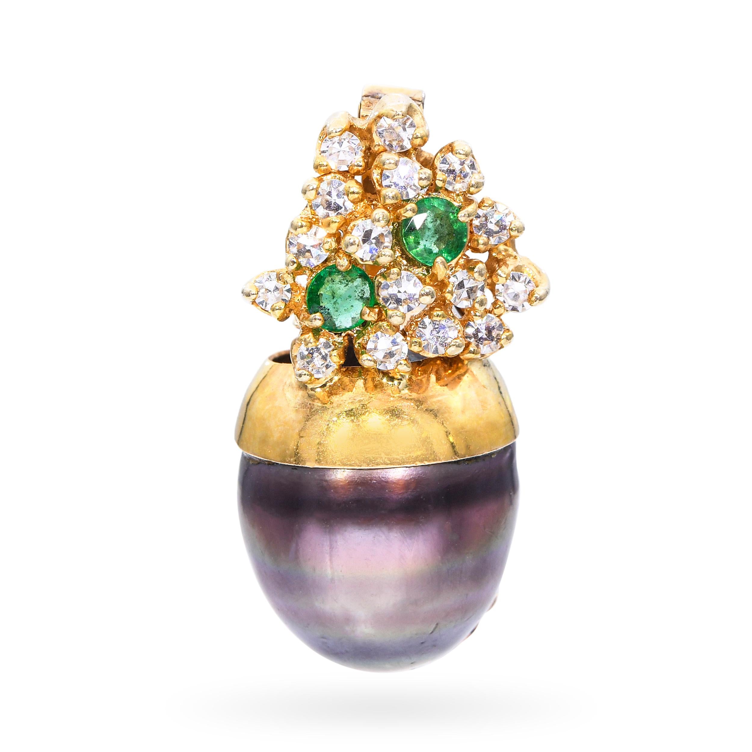 Vintage Yellow Gold Tahitian Pearl, Diamond, & Emerald Pendant