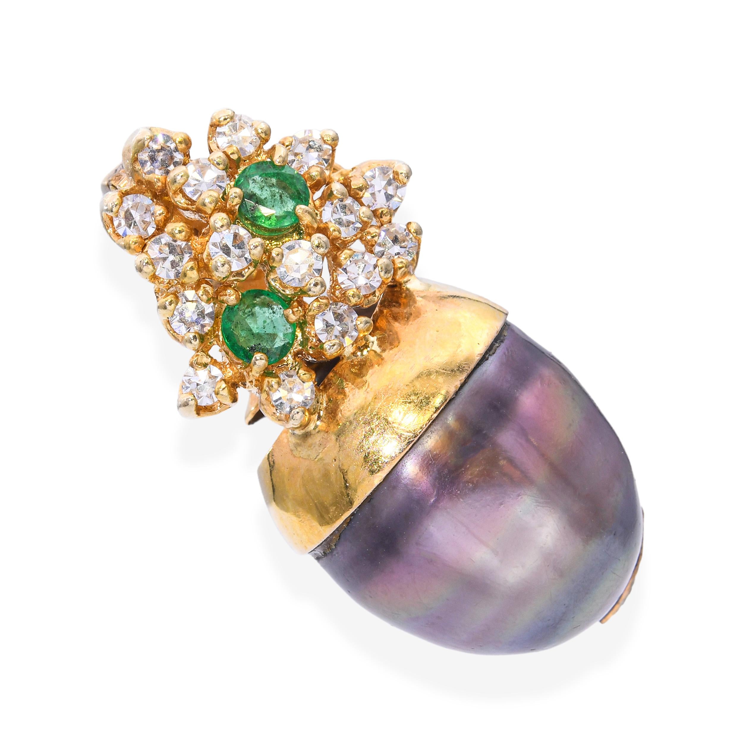 Vintage Yellow Gold Tahitian Pearl, Diamond, & Emerald Pendant