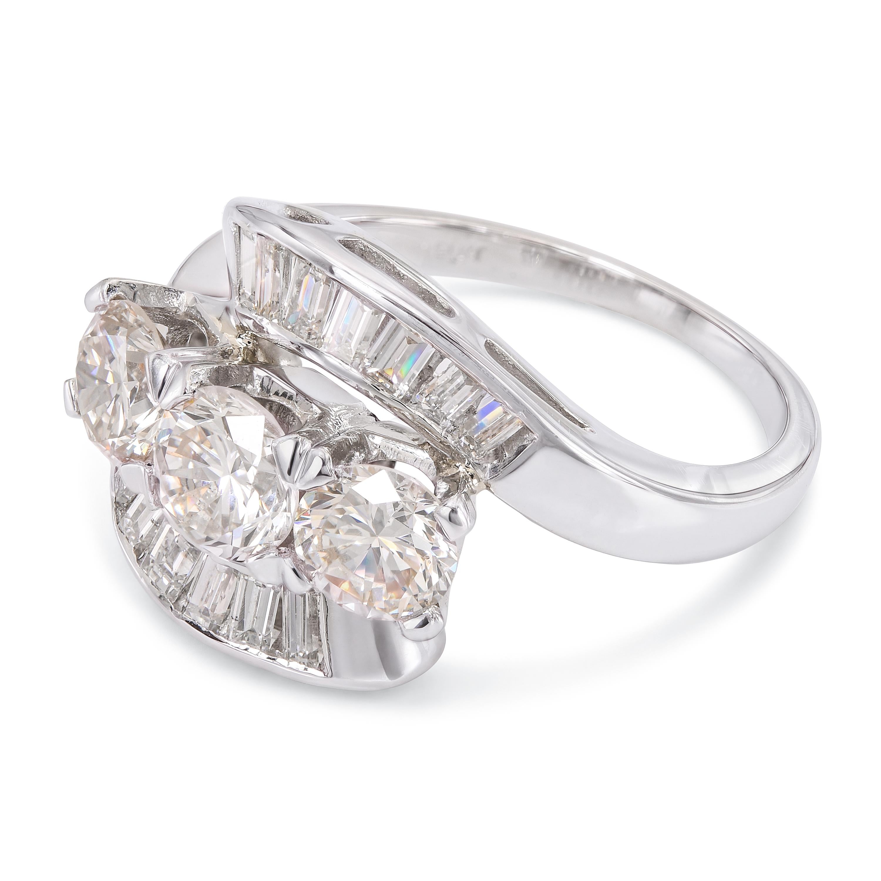Vintage Platinum Diamond Three Stone Bypass Ring