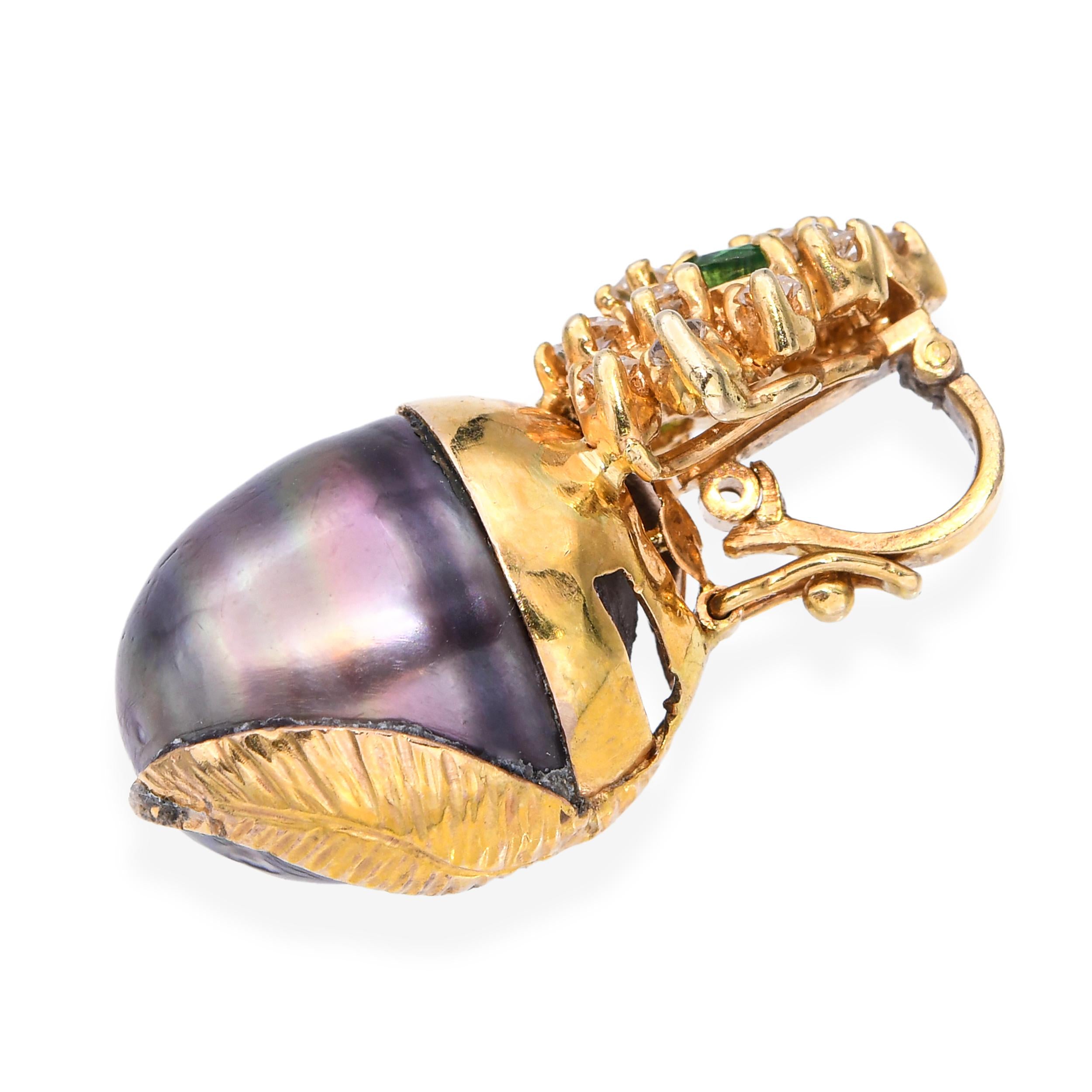 Vintage Yellow Gold Tahitian Pearl, Diamond, & Emerald Pendant