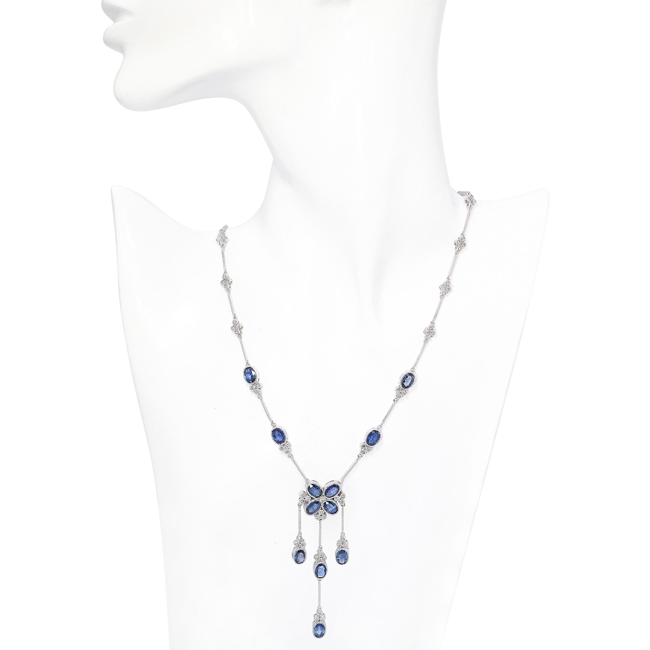 13k White Gold 8.04ctw Sapphire and 1.47ctw Diamond Trefoil Station Necklace