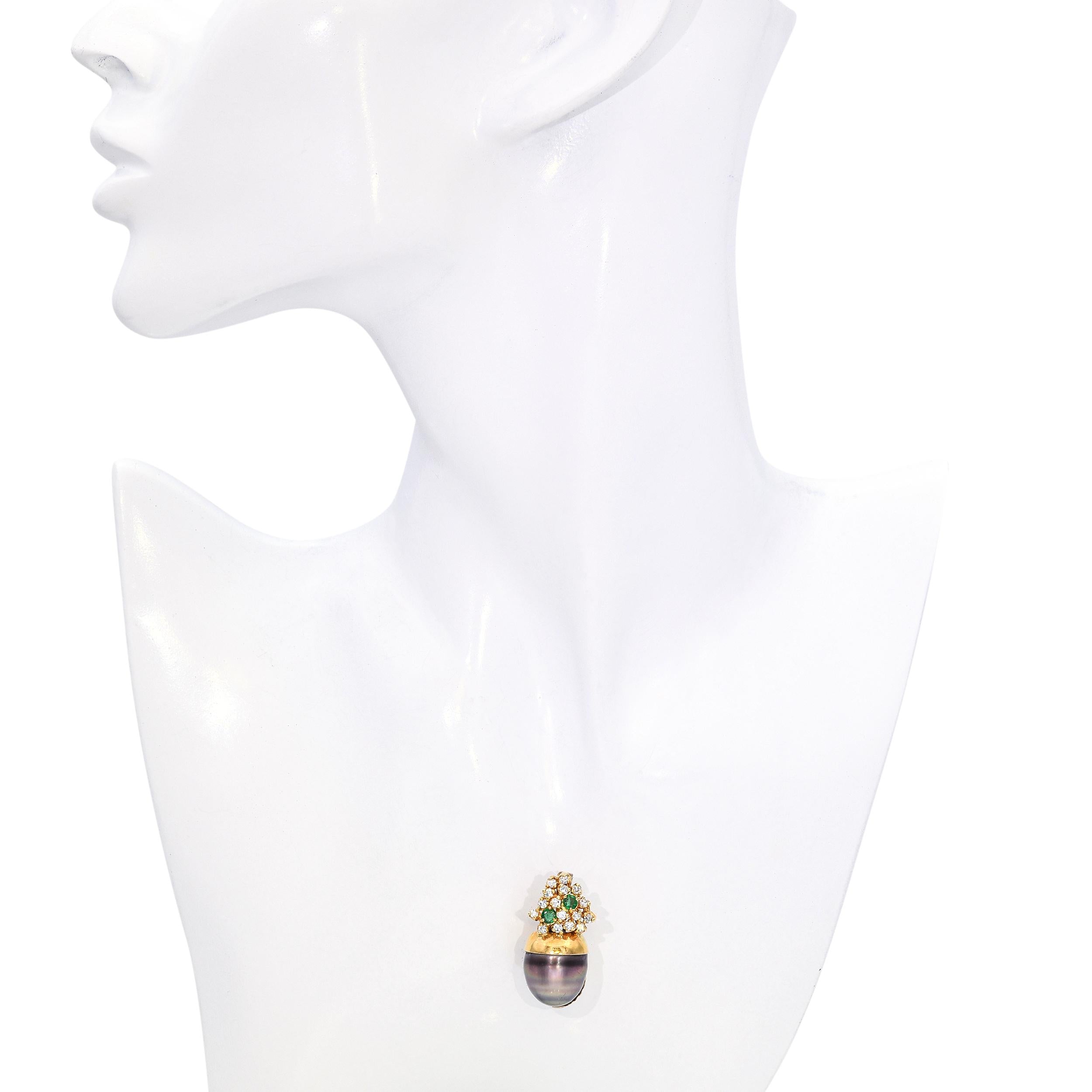 Vintage Yellow Gold Tahitian Pearl, Diamond, & Emerald Pendant
