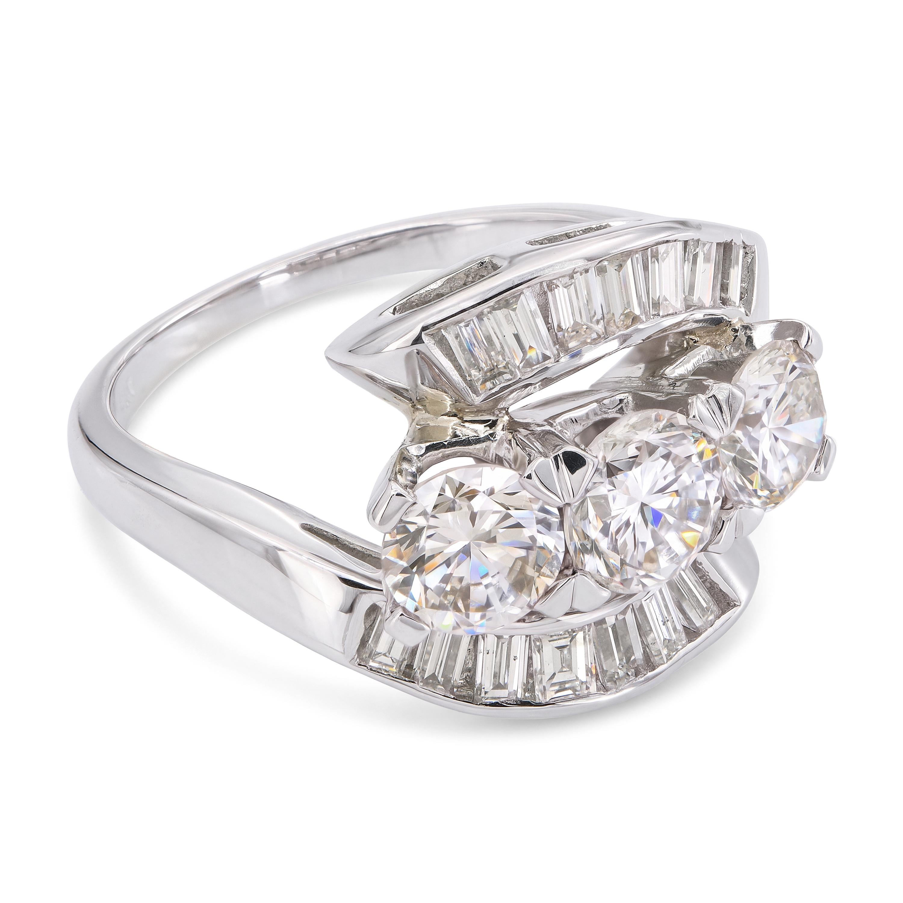 Vintage Platinum Diamond Three Stone Bypass Ring