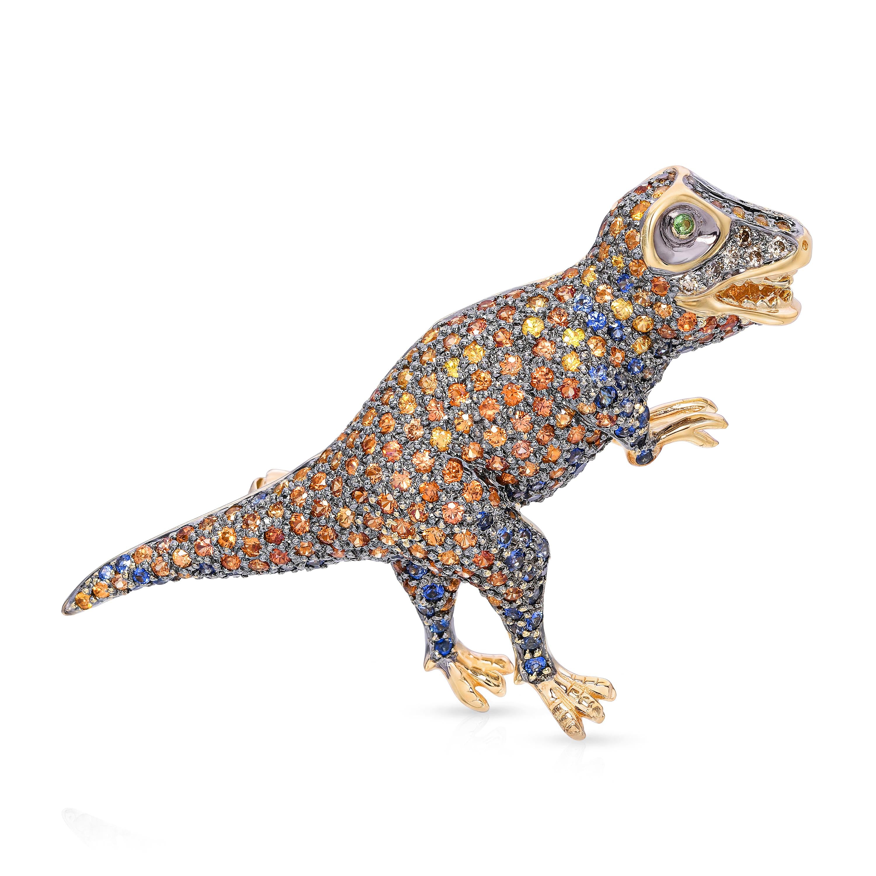 14k Yellow Gold Pave Sapphire and Diamond T-Rex Dinosaur Brooch