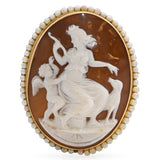 Antique 13K Yellow Gold Shell Cameo Seed Pearl Eros Hunting w/ Bow & Dog Brooch