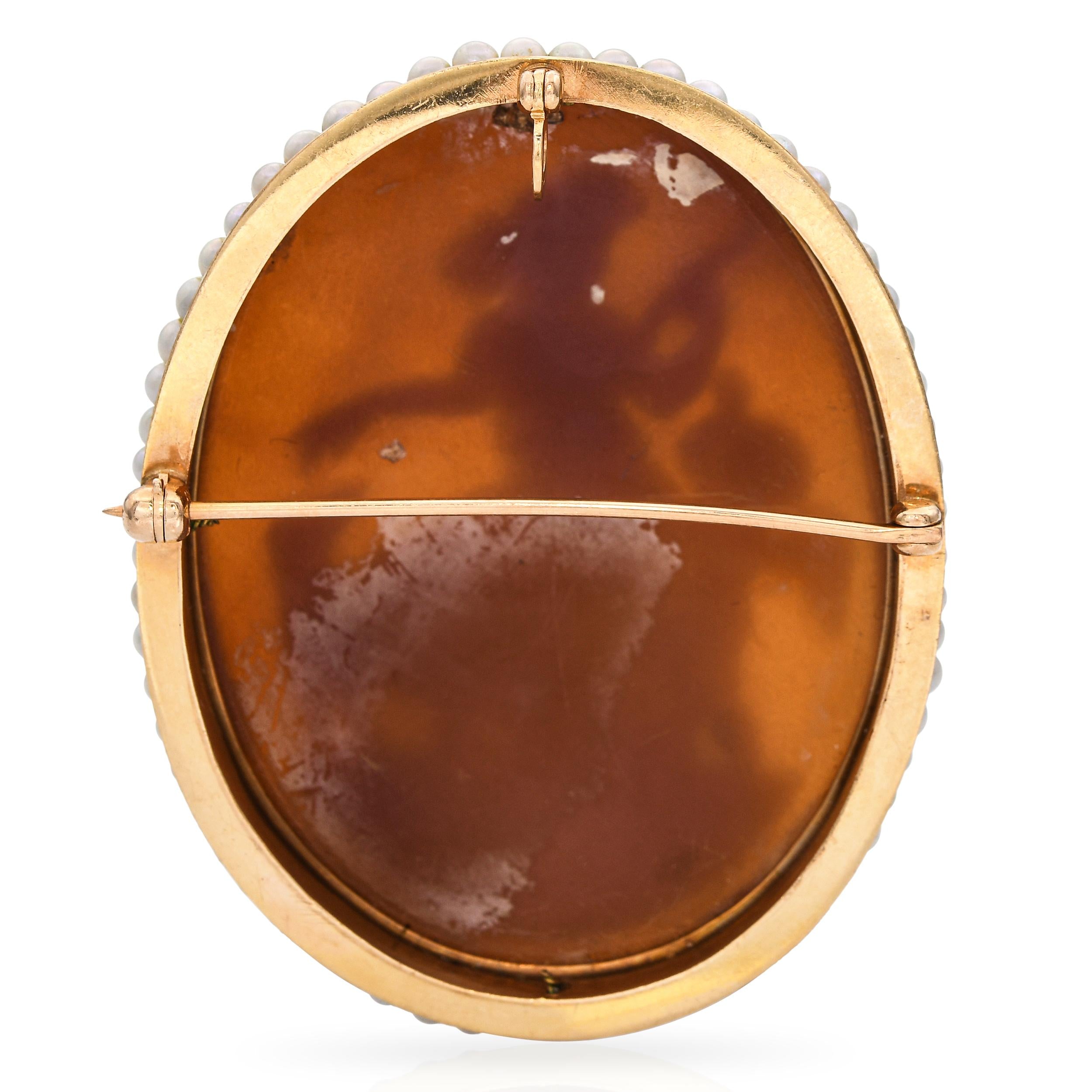 Antique 13K Yellow Gold Shell Cameo Seed Pearl Eros Hunting w/ Bow & Dog Brooch