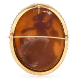 Antique 13K Yellow Gold Shell Cameo Seed Pearl Eros Hunting w/ Bow & Dog Brooch