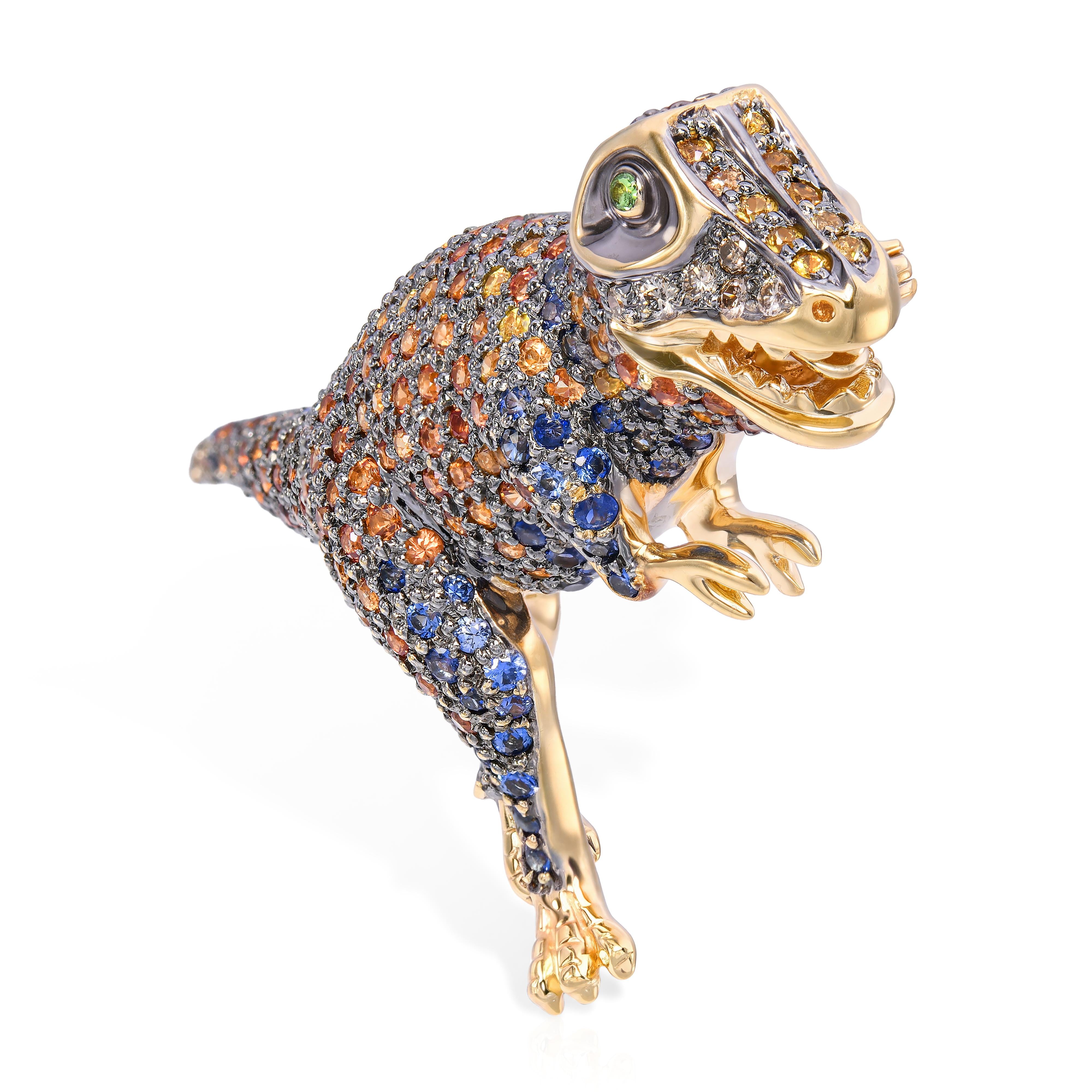 14k Yellow Gold Pave Sapphire and Diamond T-Rex Dinosaur Brooch