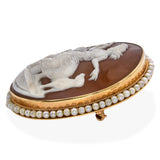Antique 13K Yellow Gold Shell Cameo Seed Pearl Eros Hunting w/ Bow & Dog Brooch