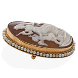 Antique 13K Yellow Gold Shell Cameo Seed Pearl Eros Hunting w/ Bow & Dog Brooch