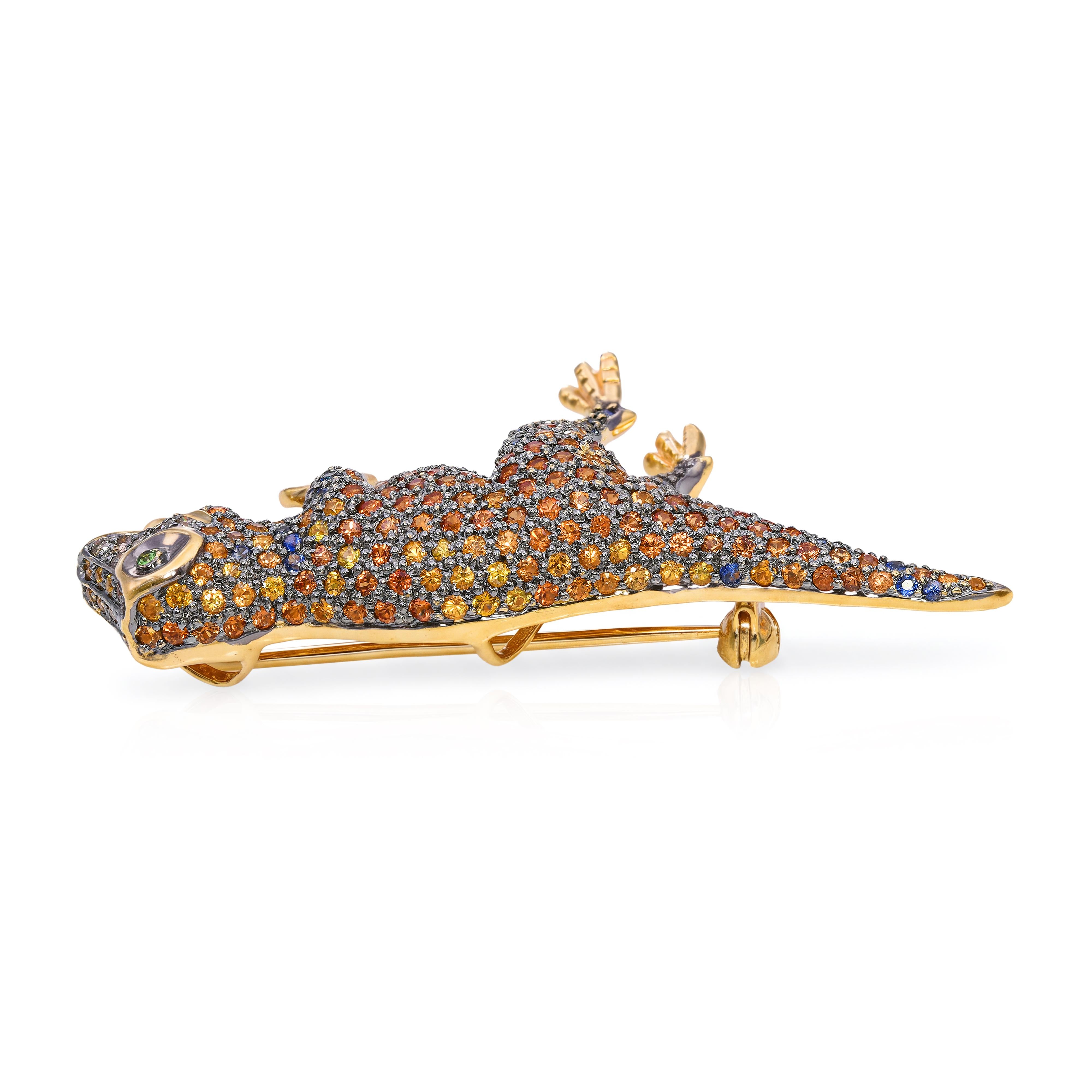 14k Yellow Gold Pave Sapphire and Diamond T-Rex Dinosaur Brooch