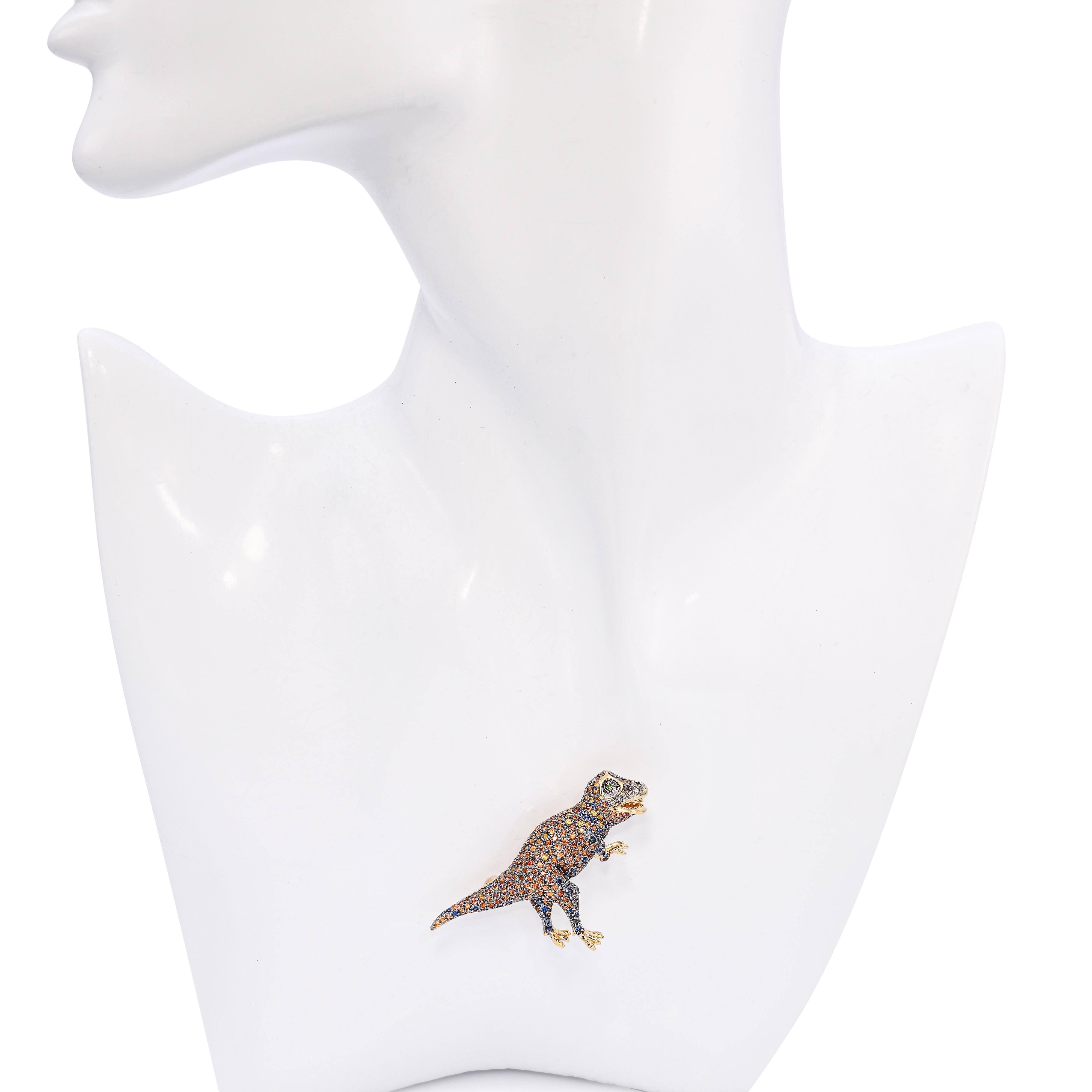 14k Yellow Gold Pave Sapphire and Diamond T-Rex Dinosaur Brooch