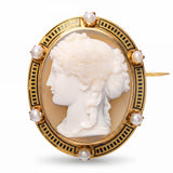 Antique Victorian 18k Yellow Gold Agate Cameo Pearl Framed Brooch