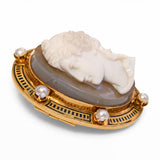 Antique Victorian 18k Yellow Gold Agate Cameo Pearl Framed Brooch