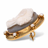 Antique Victorian 18k Yellow Gold Agate Cameo Pearl Framed Brooch