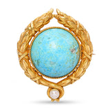 Art Nouveau 17k Yellow Gold Turquoise and Natural Pearl Wreath Brooch
