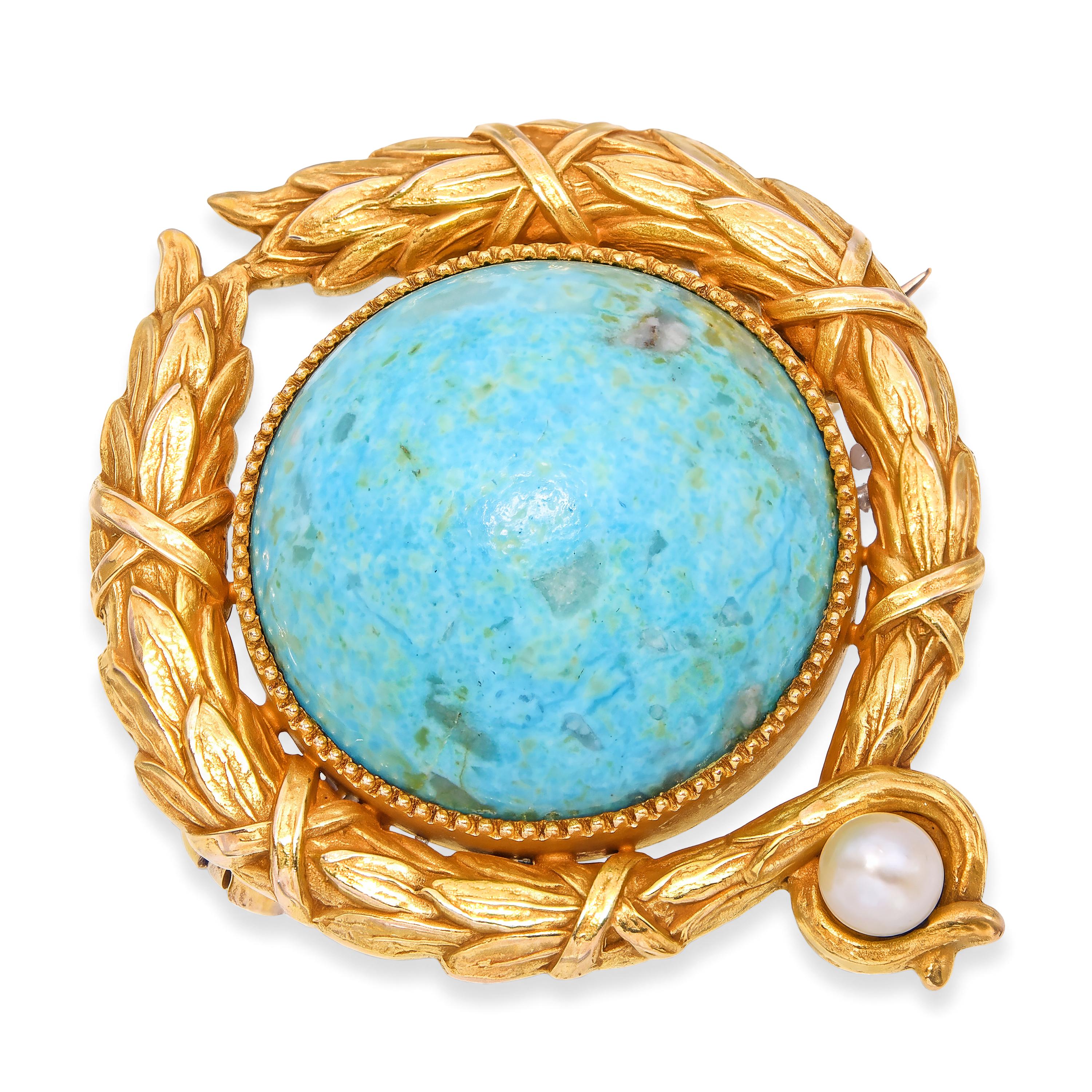 Art Nouveau 17k Yellow Gold Turquoise and Natural Pearl Wreath Brooch