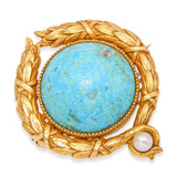 Art Nouveau 17k Yellow Gold Turquoise and Natural Pearl Wreath Brooch