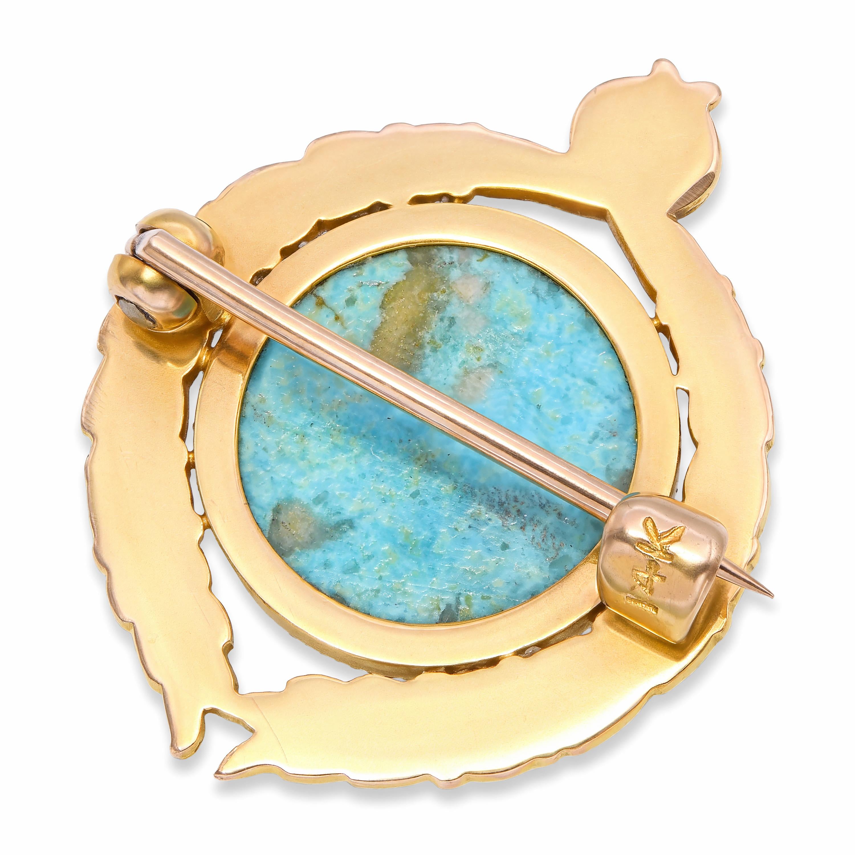 Art Nouveau 17k Yellow Gold Turquoise and Natural Pearl Wreath Brooch