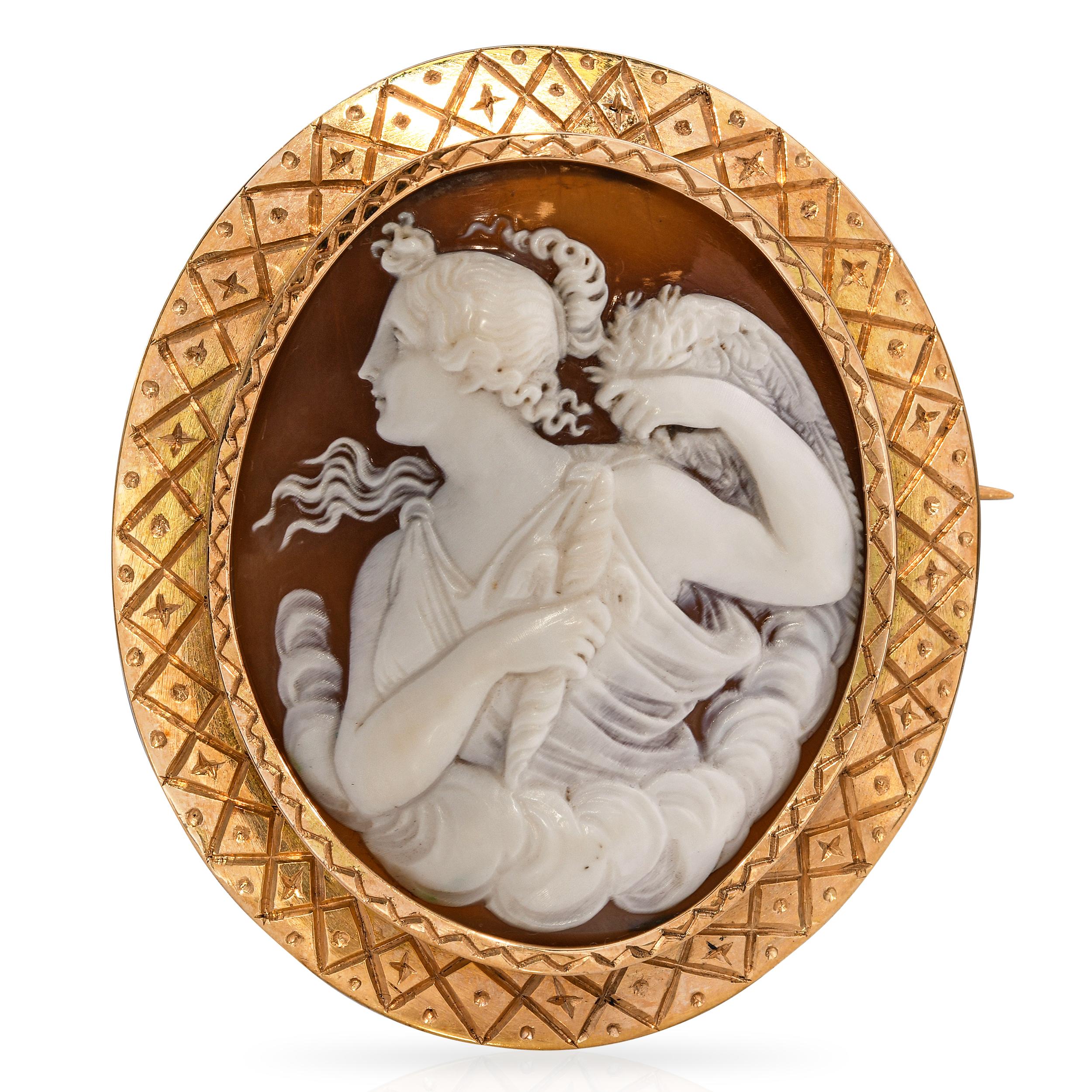 Antique 18k Yellow Gold Shell Cameo Muse of Drama Brooch