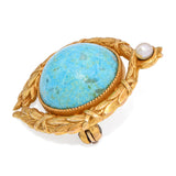 Art Nouveau 17k Yellow Gold Turquoise and Natural Pearl Wreath Brooch