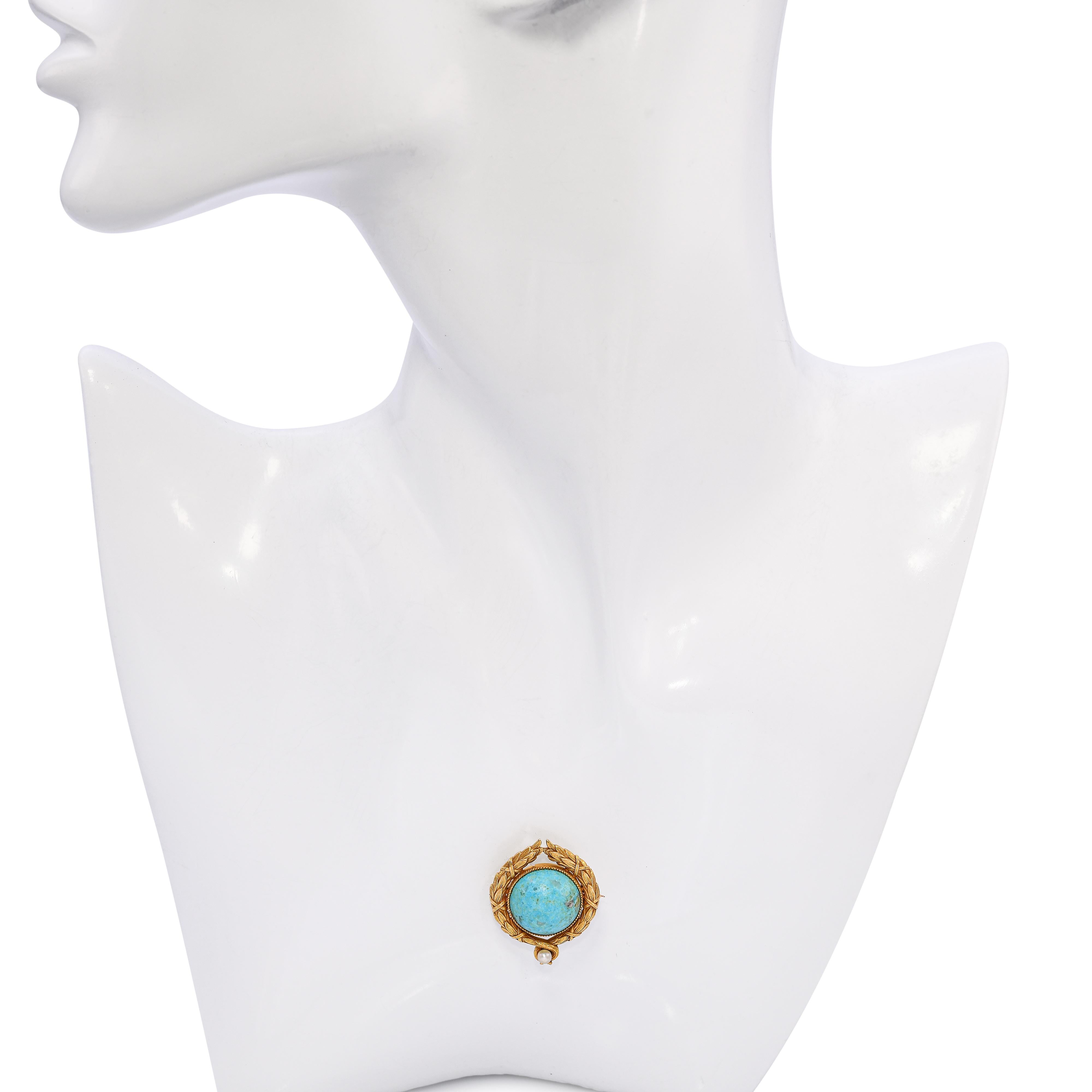 Art Nouveau 17k Yellow Gold Turquoise and Natural Pearl Wreath Brooch