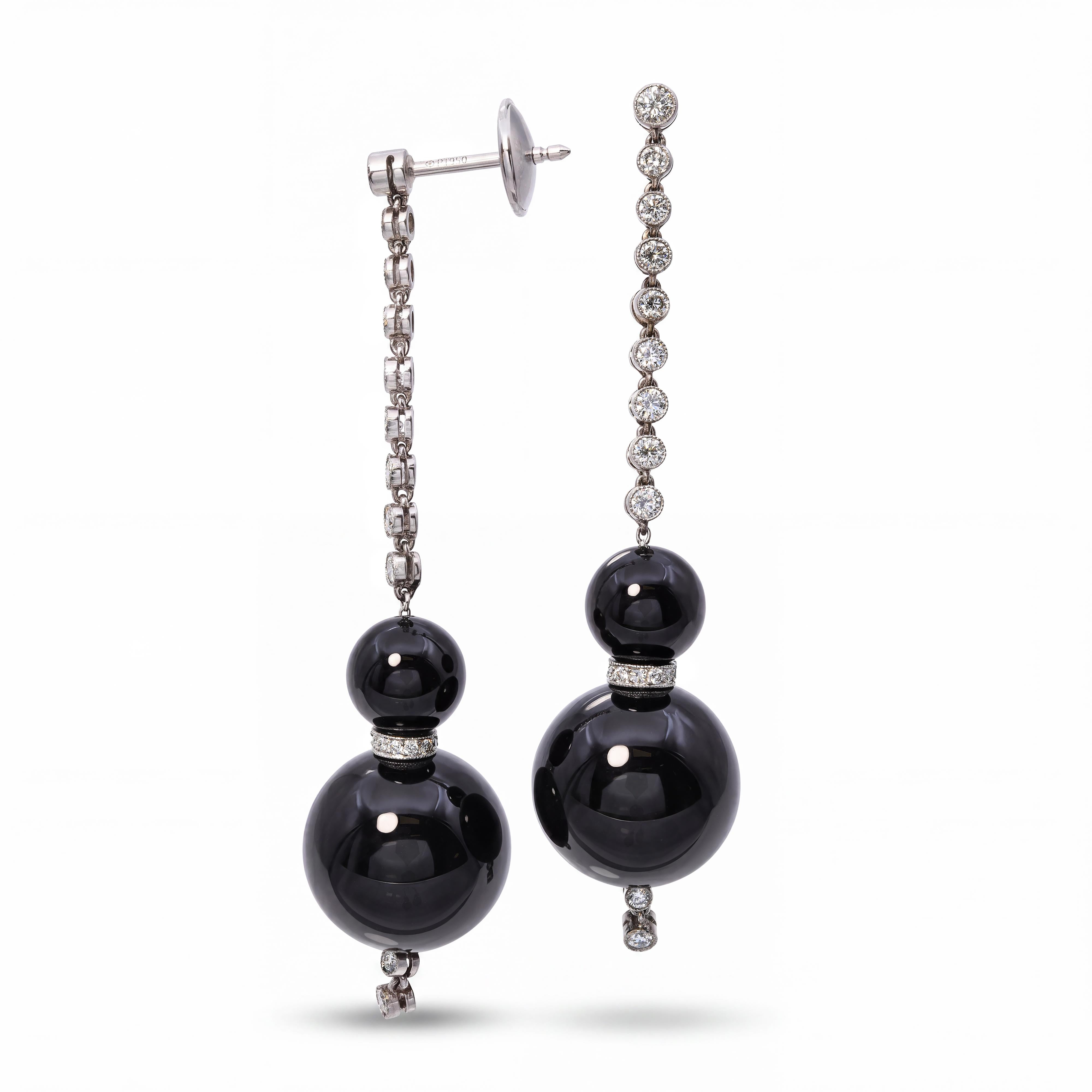 Art Deco Platinum Onyx and Diamond Dangle Drop Earrings