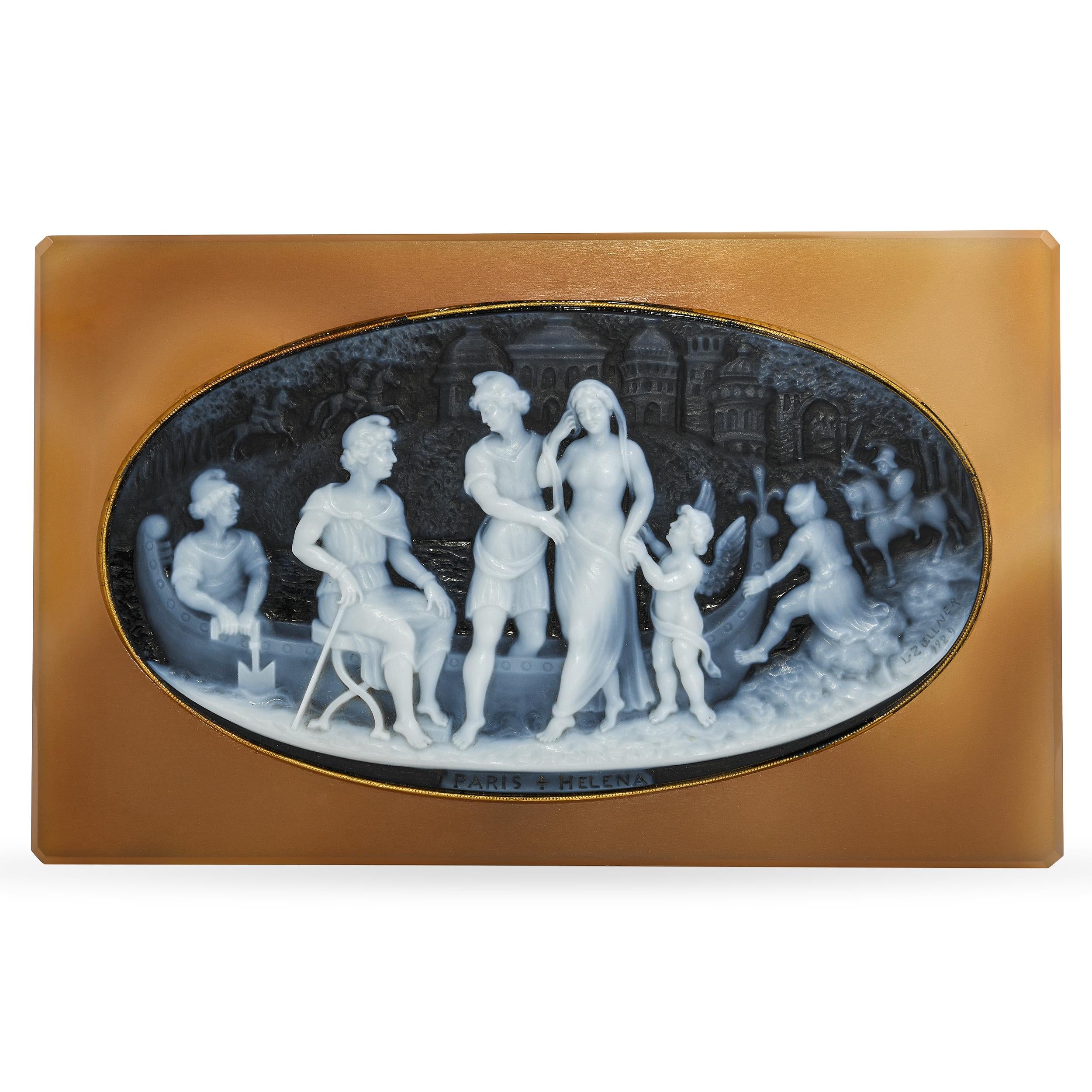 Vintage 1929 Yellow Gold Agate Hardstone Cameo Plaque of Helena and Paris