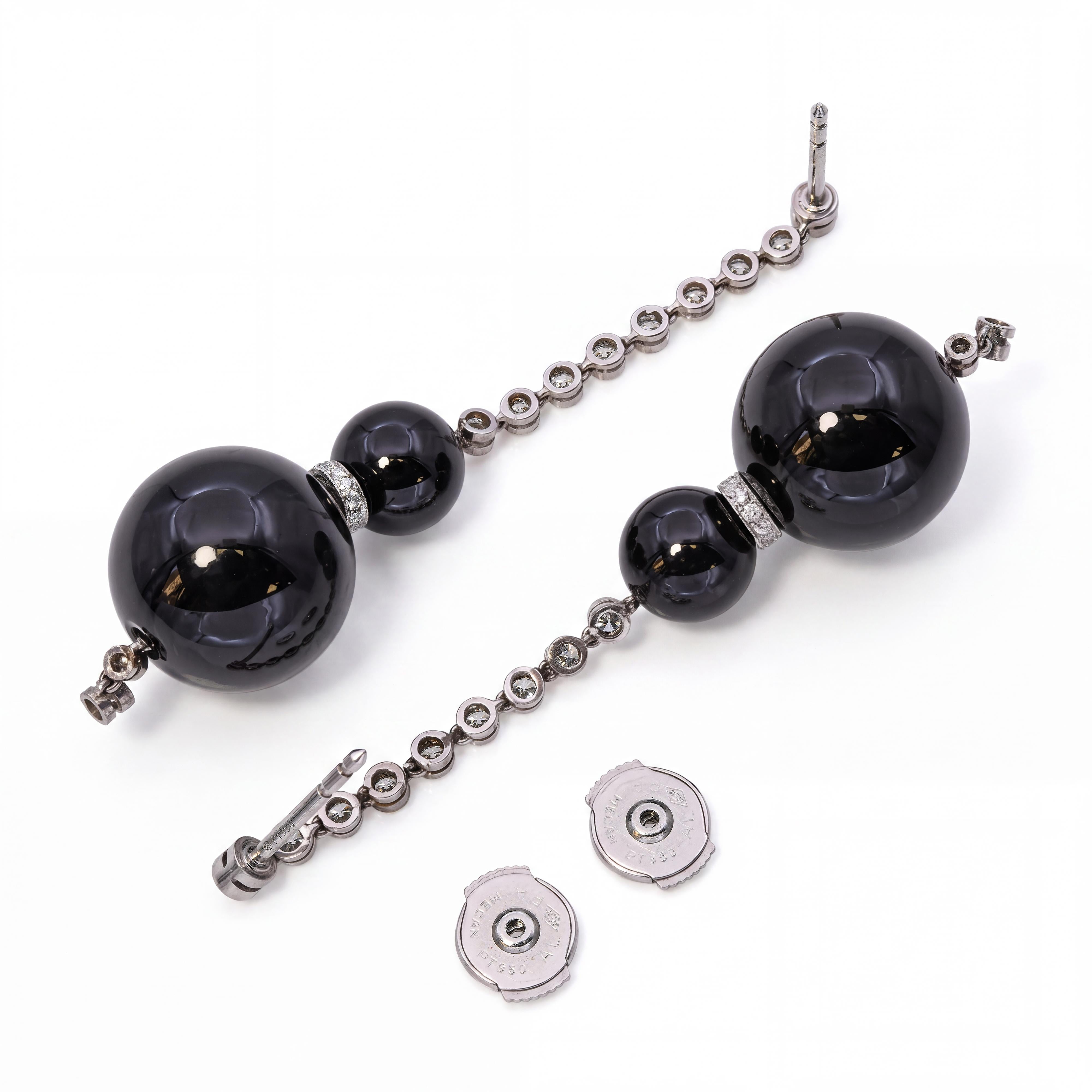 Art Deco Platinum Onyx and Diamond Dangle Drop Earrings