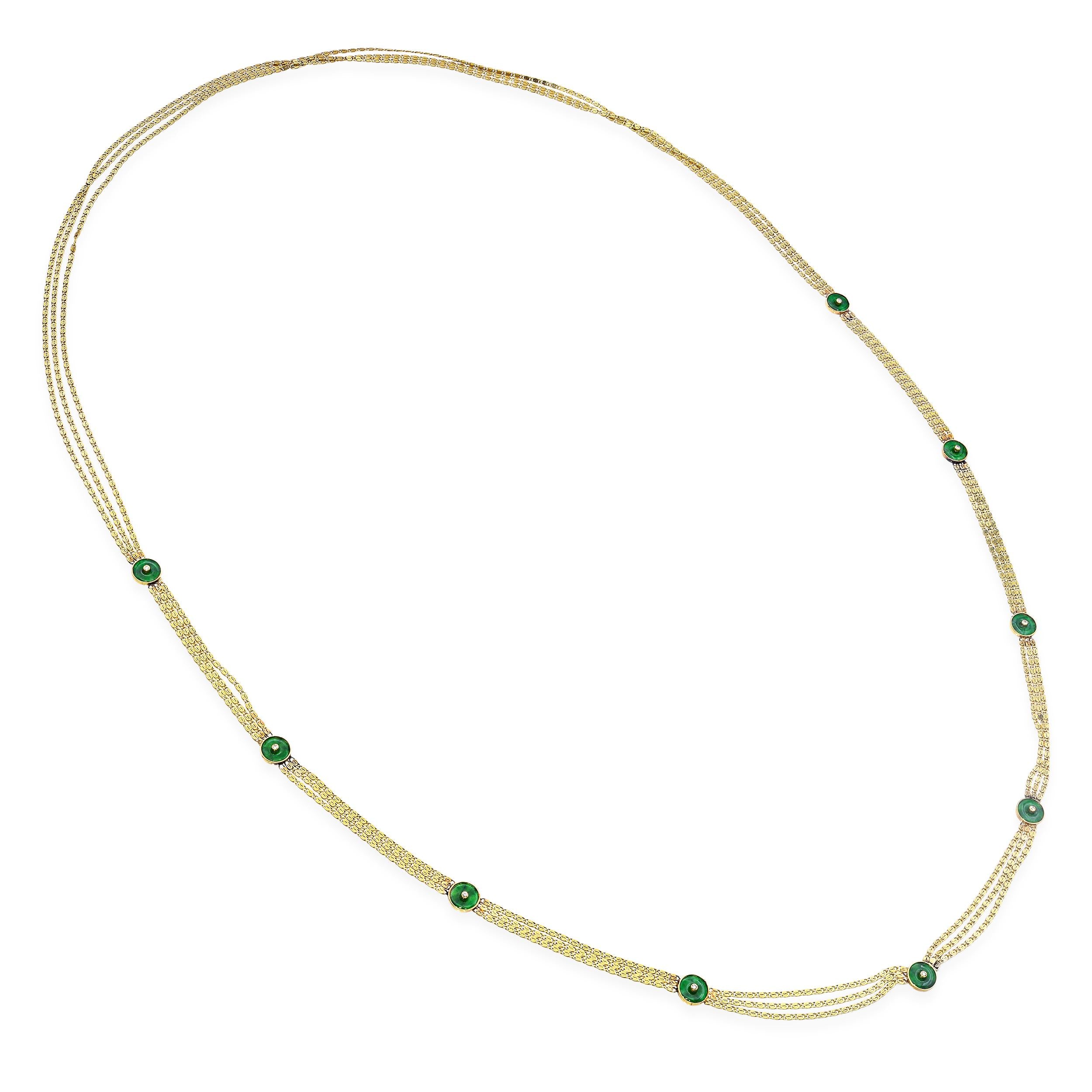 Antique 14k Yellow Gold Jade and Diamond Link Three Strand Necklace