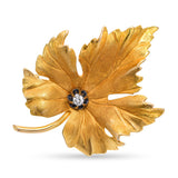Vintage 14k Yellow Gold and Old Mine Diamond Maple Leaf Brooch
