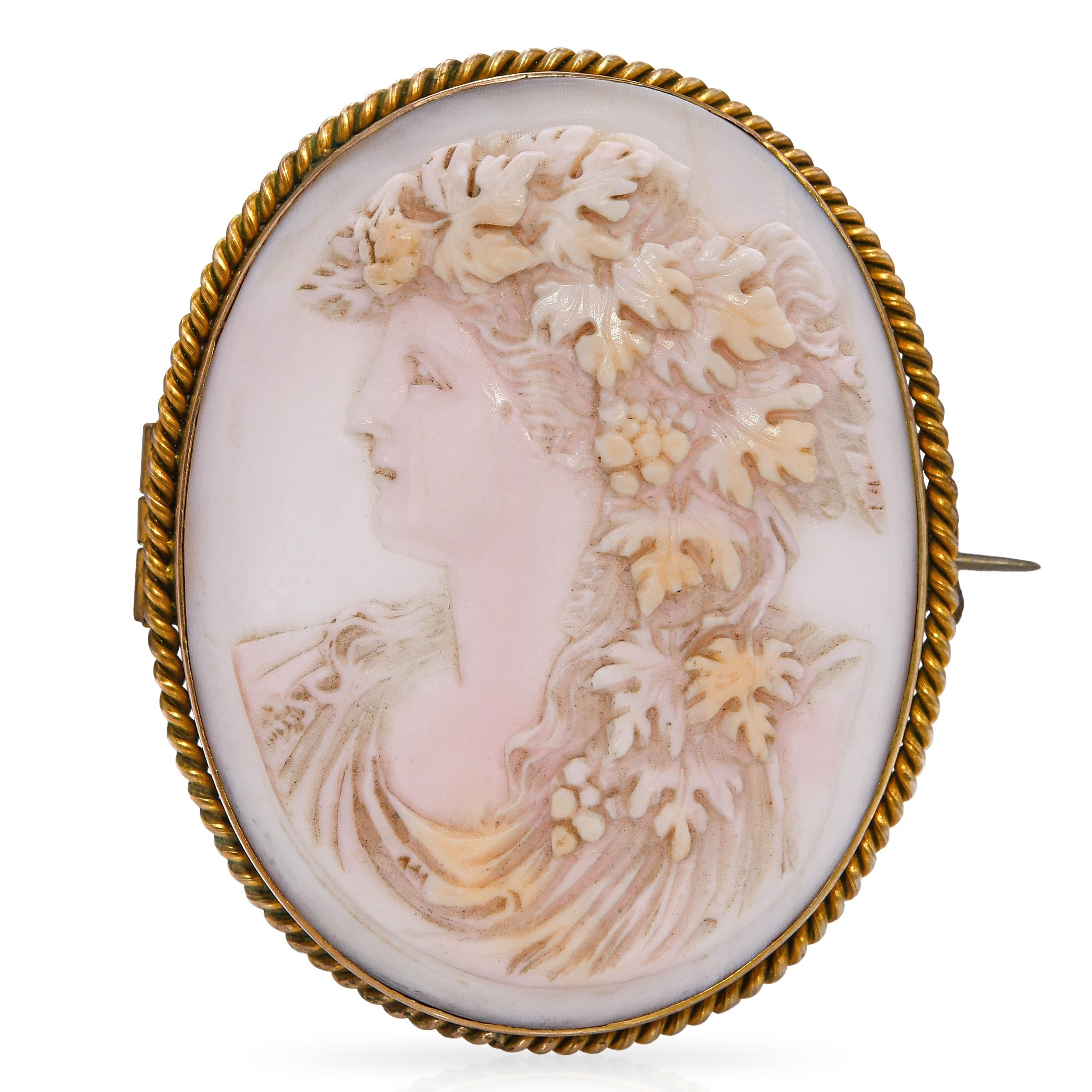 Antique Gold Filled Pink Conch Shell Cameo Bacchante Brooch