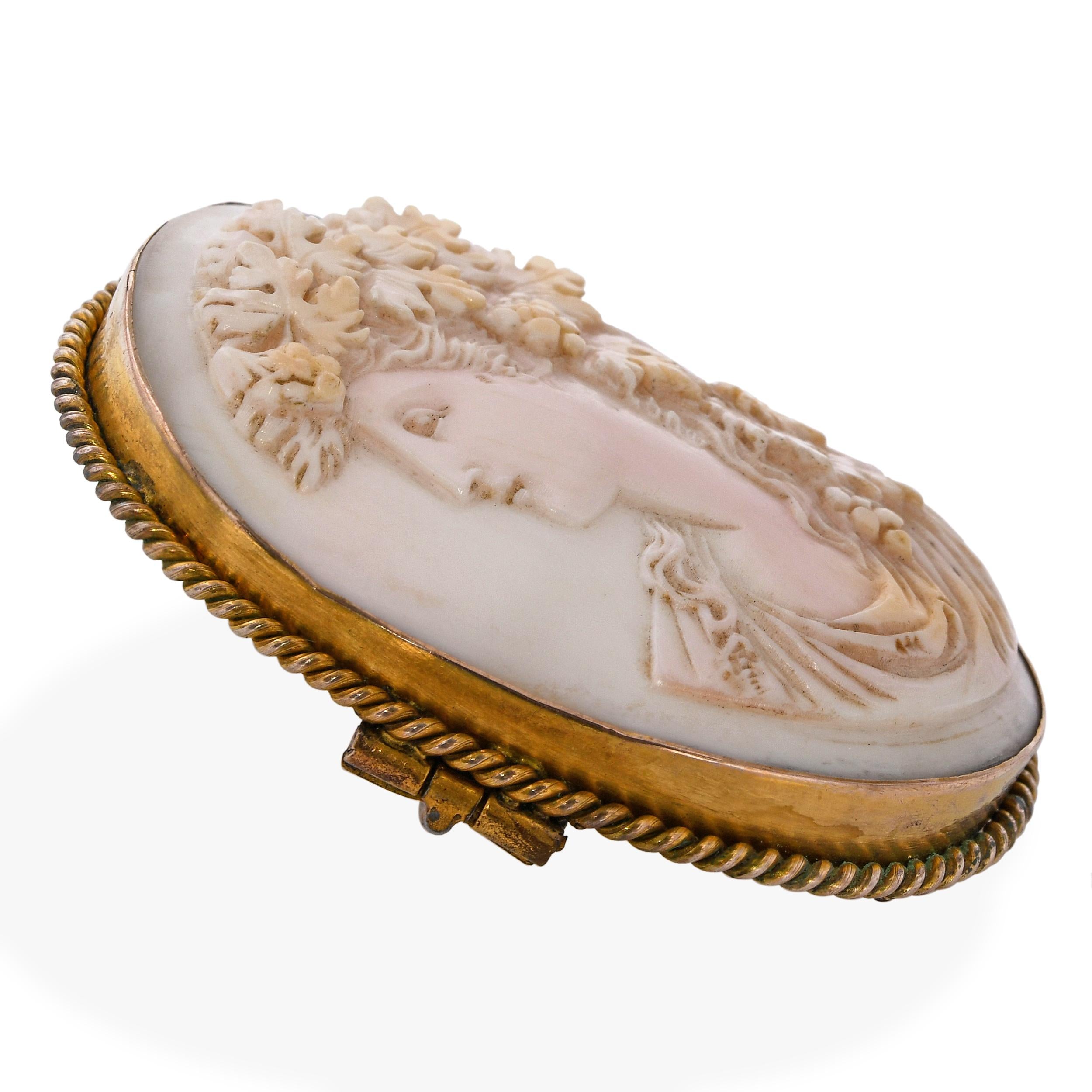 Antique Gold Filled Pink Conch Shell Cameo Bacchante Brooch