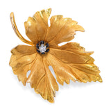 Vintage 14k Yellow Gold and Old Mine Diamond Maple Leaf Brooch