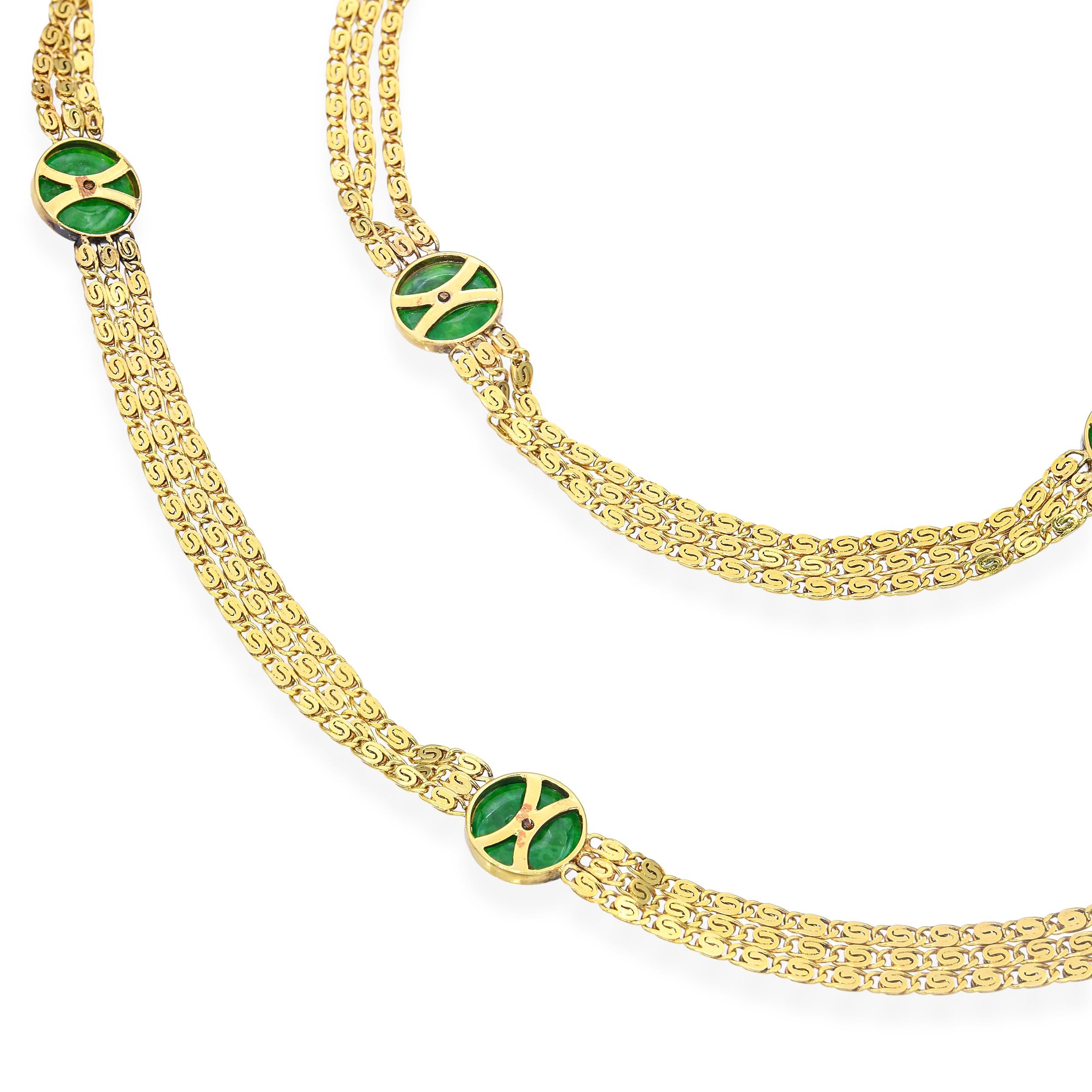 Antique 14k Yellow Gold Jade and Diamond Link Three Strand Necklace